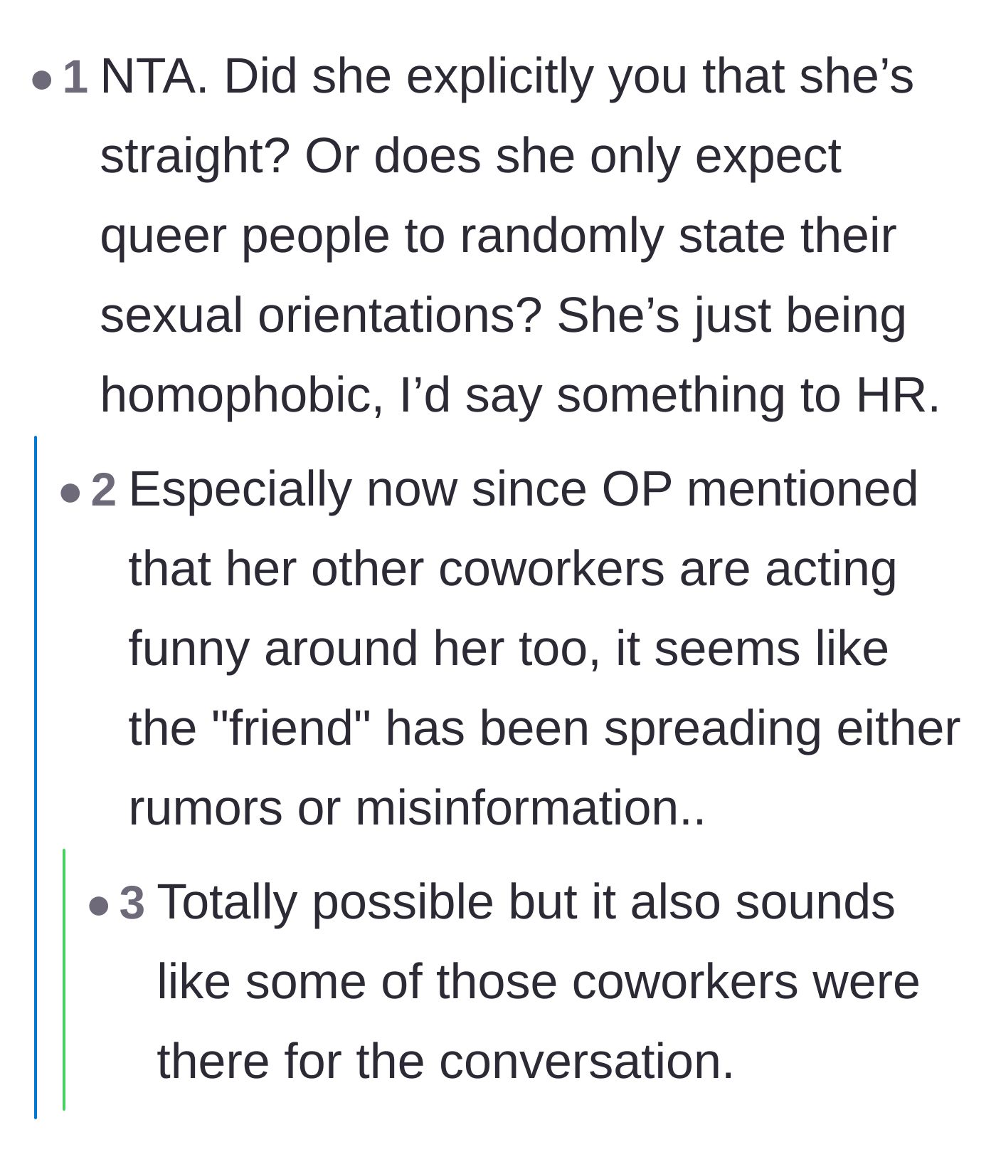 Comment thread 6 - Questioning if the coworker ever formally announced she was straight, and noting the hostile work environment.