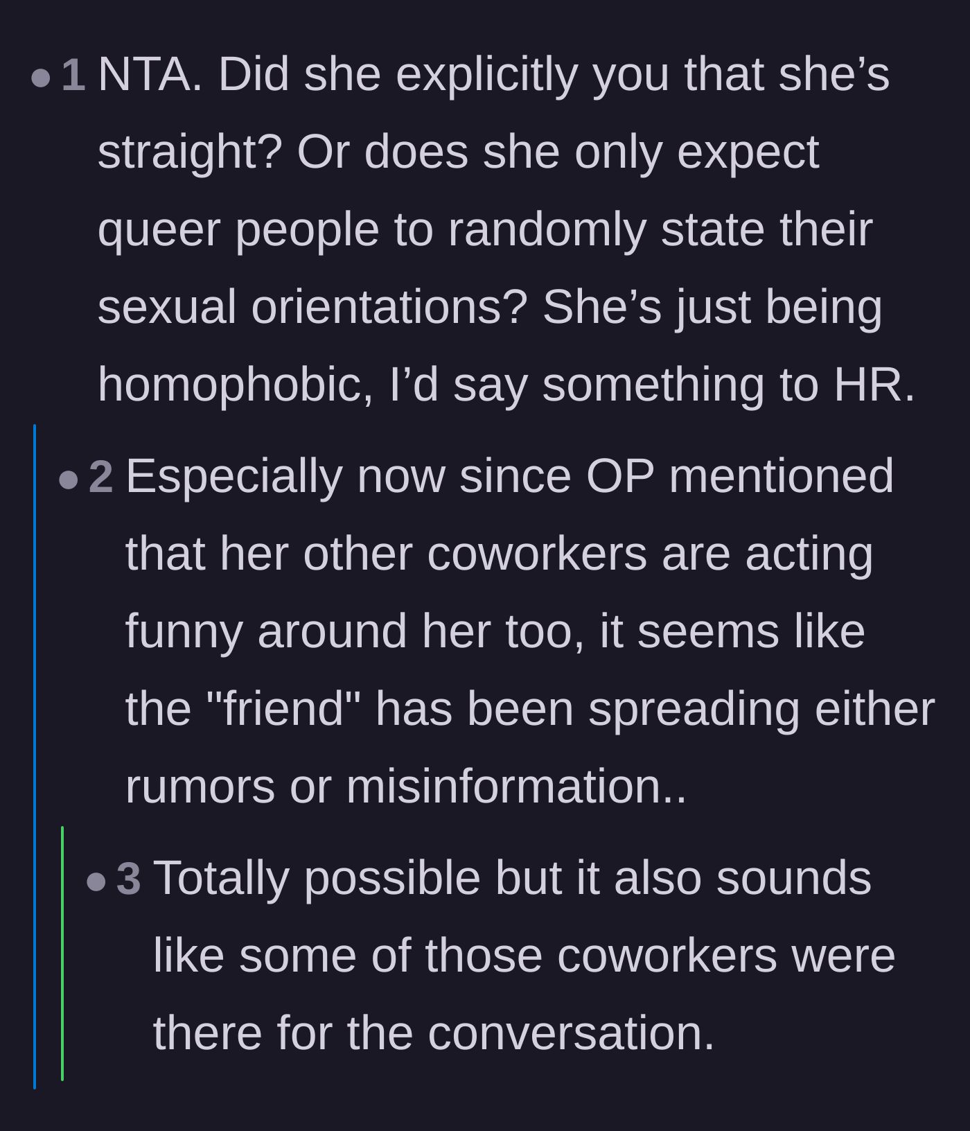 Comment thread 6 - Questioning if the coworker ever formally announced she was straight, and noting the hostile work environment.