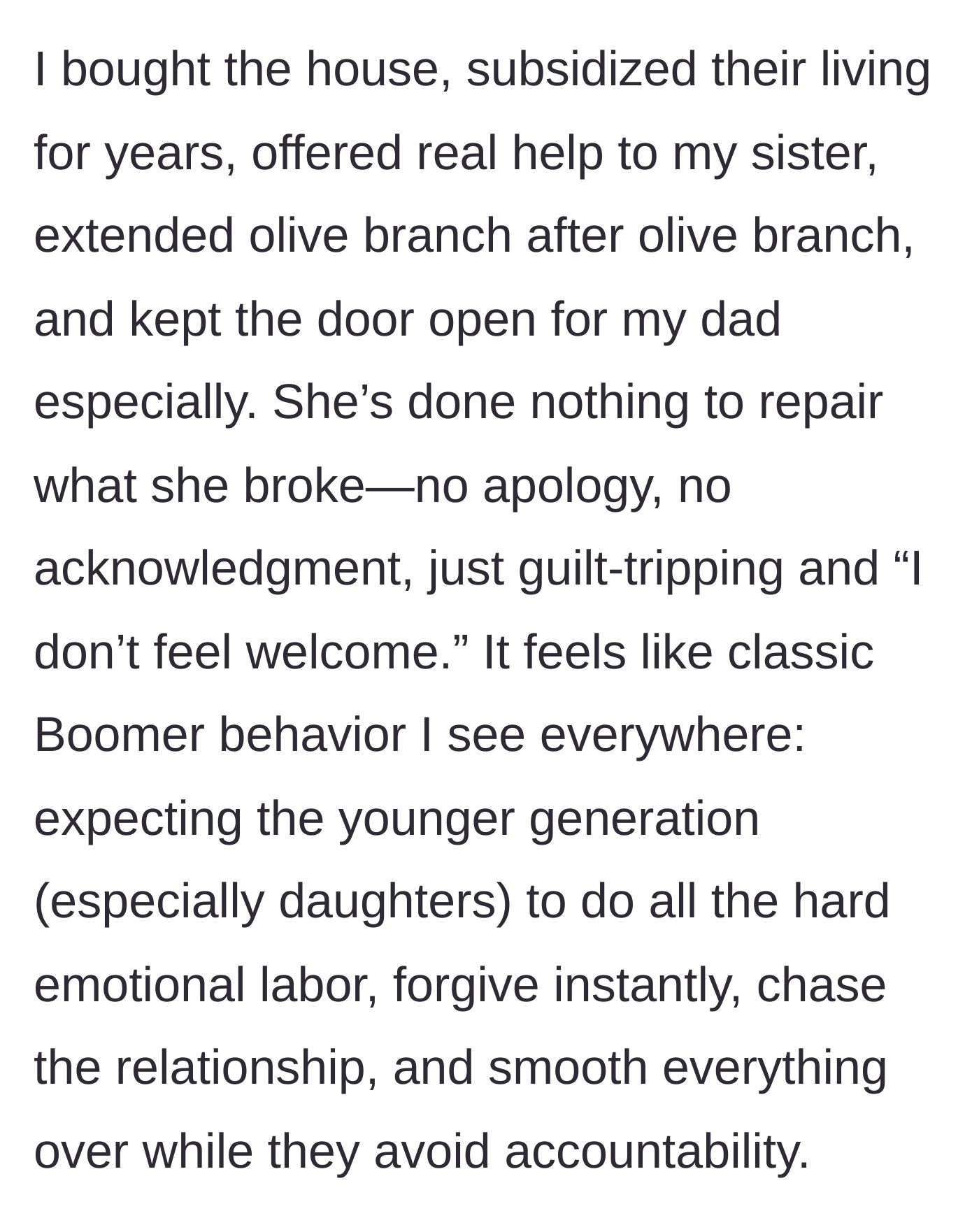 Story part 6 - The daughter expresses frustration that she is expected to do all the emotional repair work and forgive instantly without any apology.