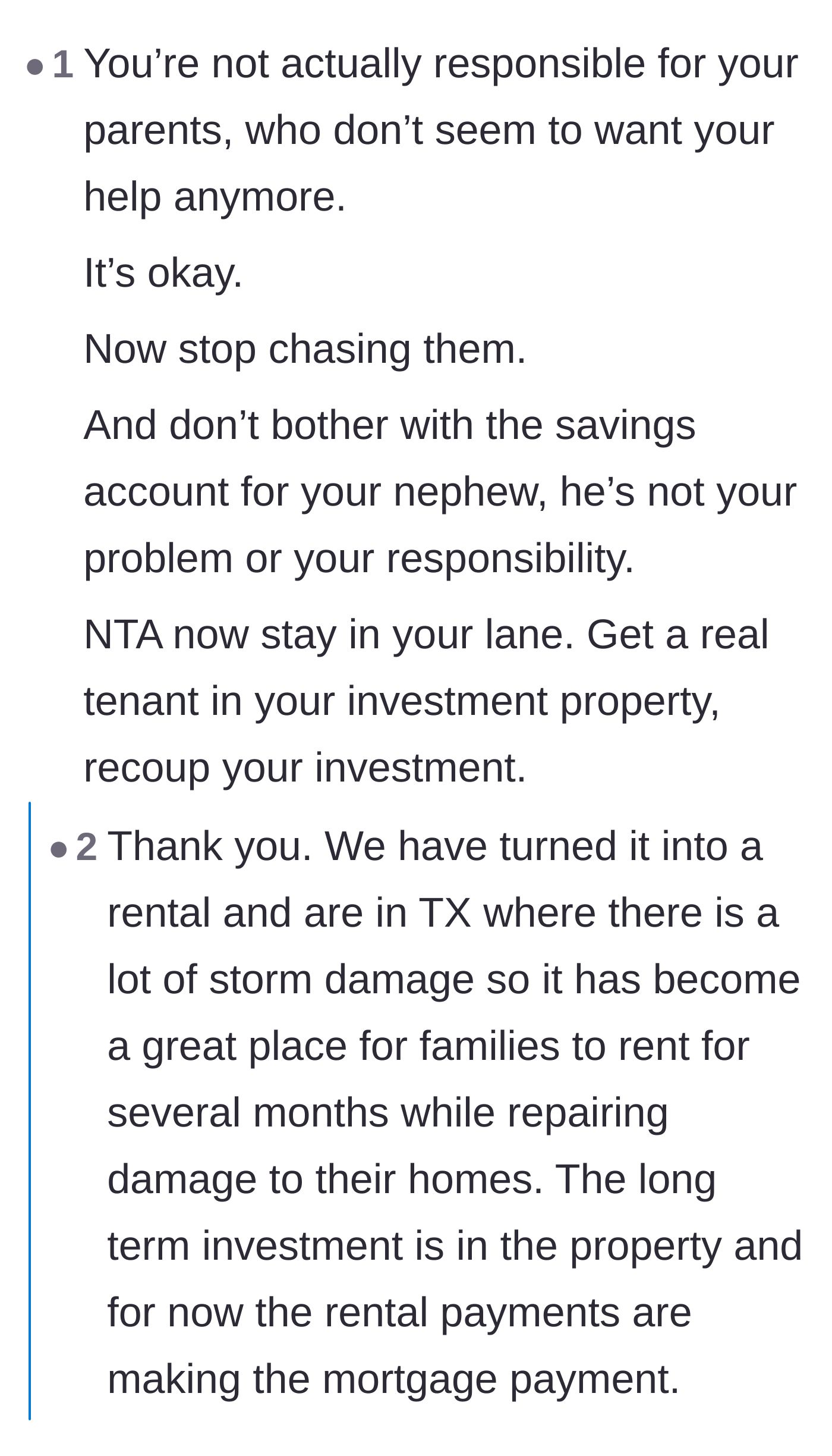 Comment thread 1 - Advice on walking away from the parents and securing the nephew's college fund in a trust.