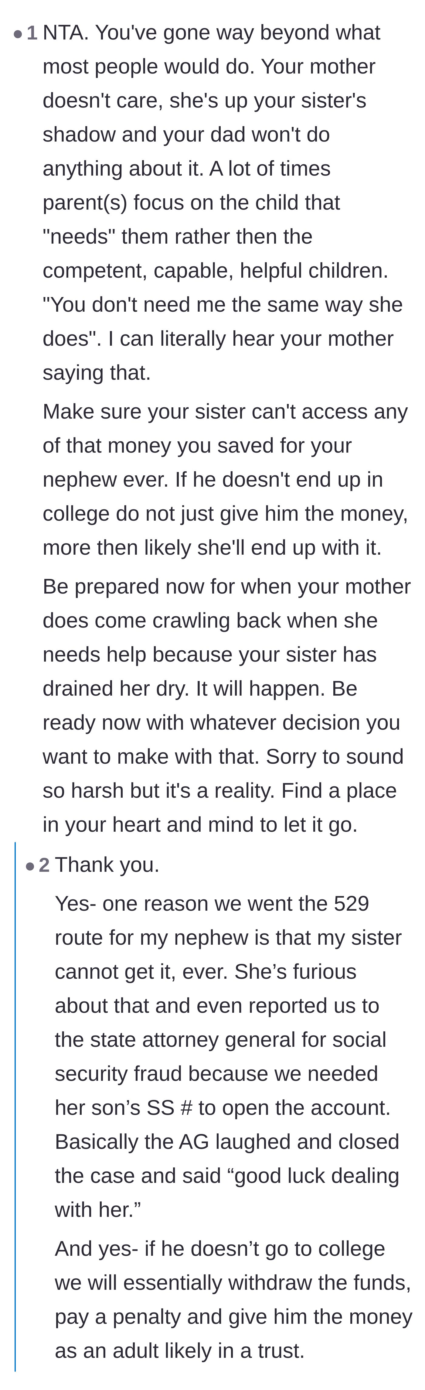 Comment thread 4 - The revelation that the sister tried to report the main character to the Attorney General over the nephew's 529 college savings account.