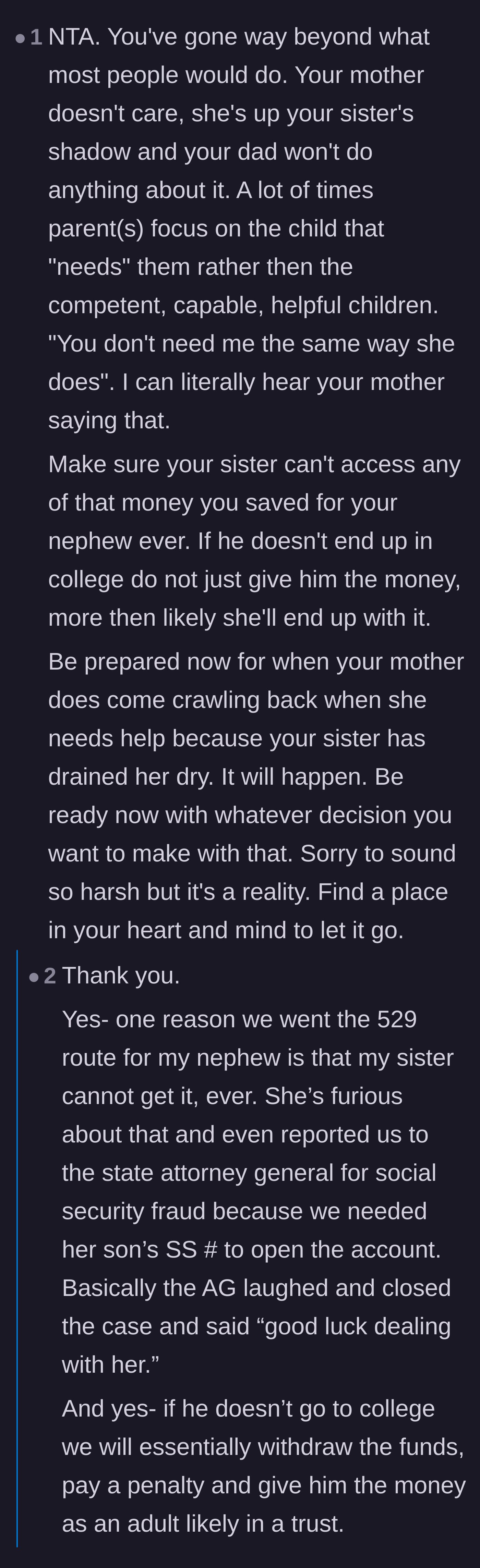 Comment thread 4 - The revelation that the sister tried to report the main character to the Attorney General over the nephew's 529 college savings account.
