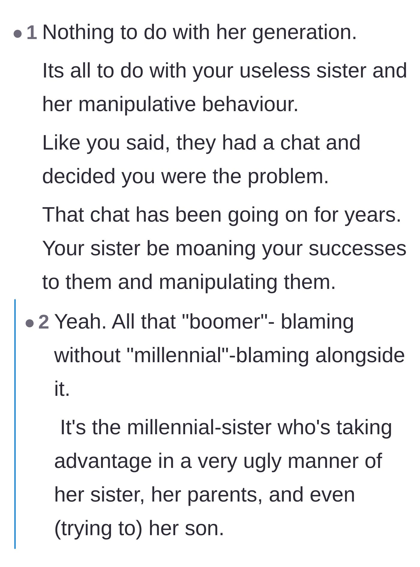 Comment thread 6 - A debate shifting the blame from Boomer entitlement to the millennial sister's lifelong manipulation.