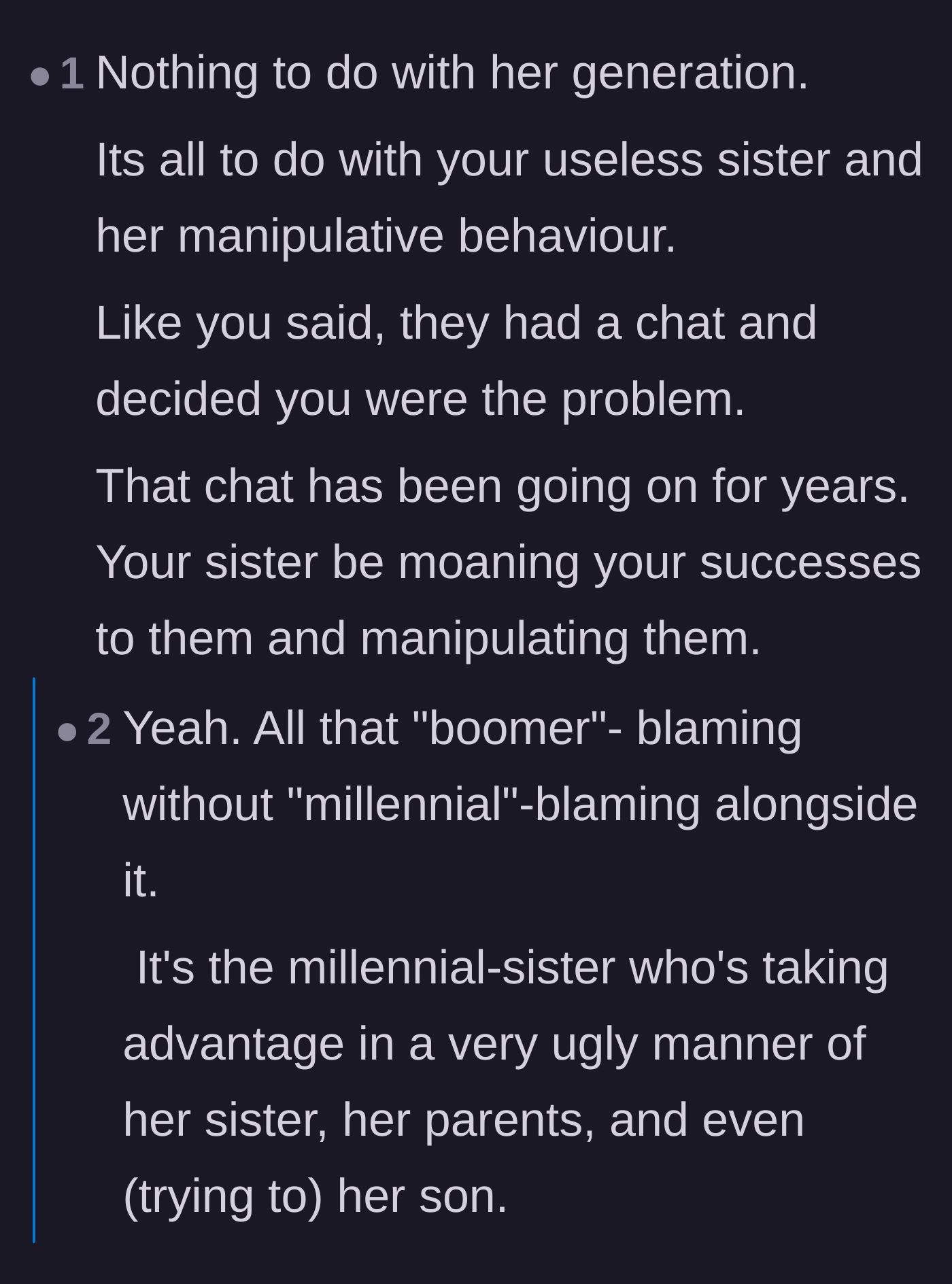 Comment thread 6 - A debate shifting the blame from Boomer entitlement to the millennial sister's lifelong manipulation.