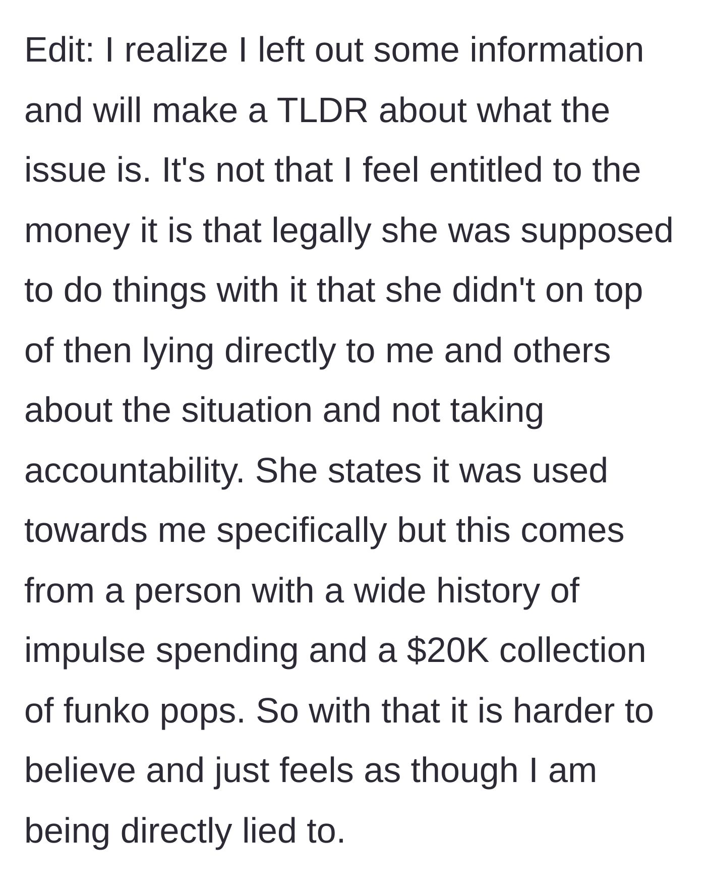 Story part 5 - Daughter clarifies the betrayal is worsened by her parent's $20,000 Funko Pop collection.