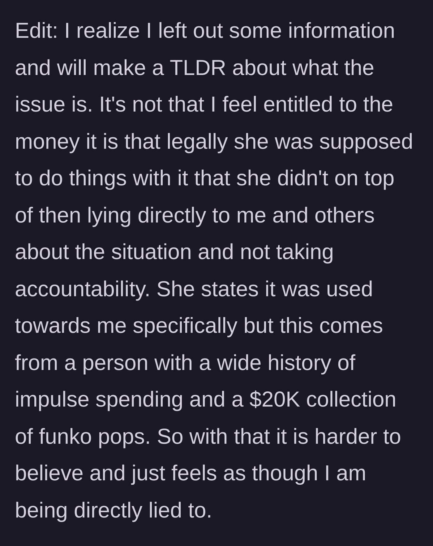 Story part 5 - Daughter clarifies the betrayal is worsened by her parent's $20,000 Funko Pop collection.