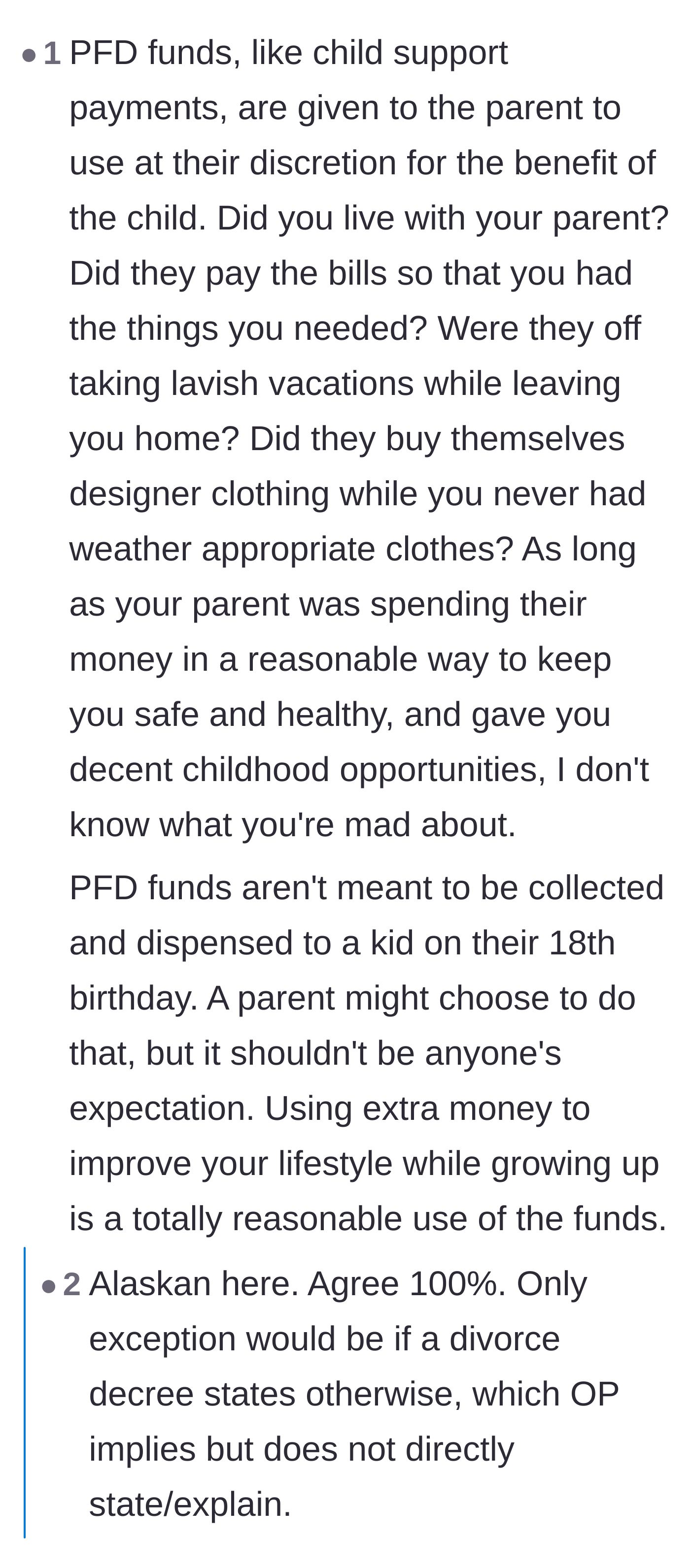 Comment thread 1 - A debate over the typical use of Alaskan PFD funds versus court orders.