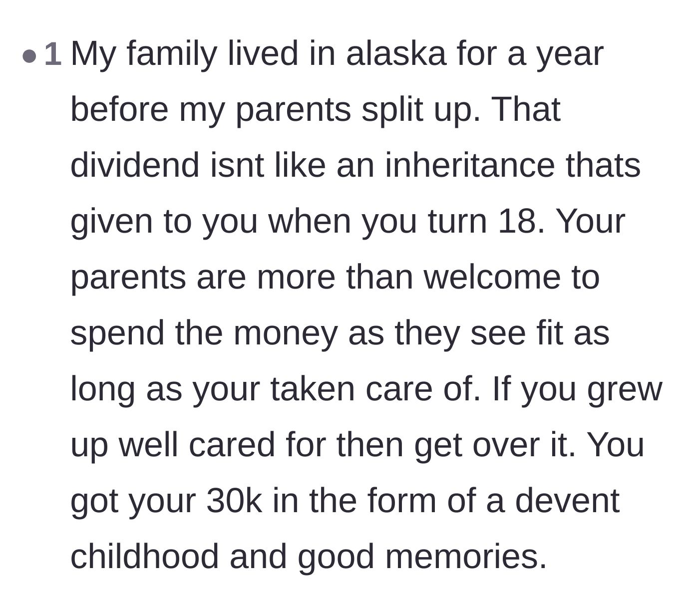 Comment thread 2 - A commenter arguing that a decent childhood is worth the missing $30,000.