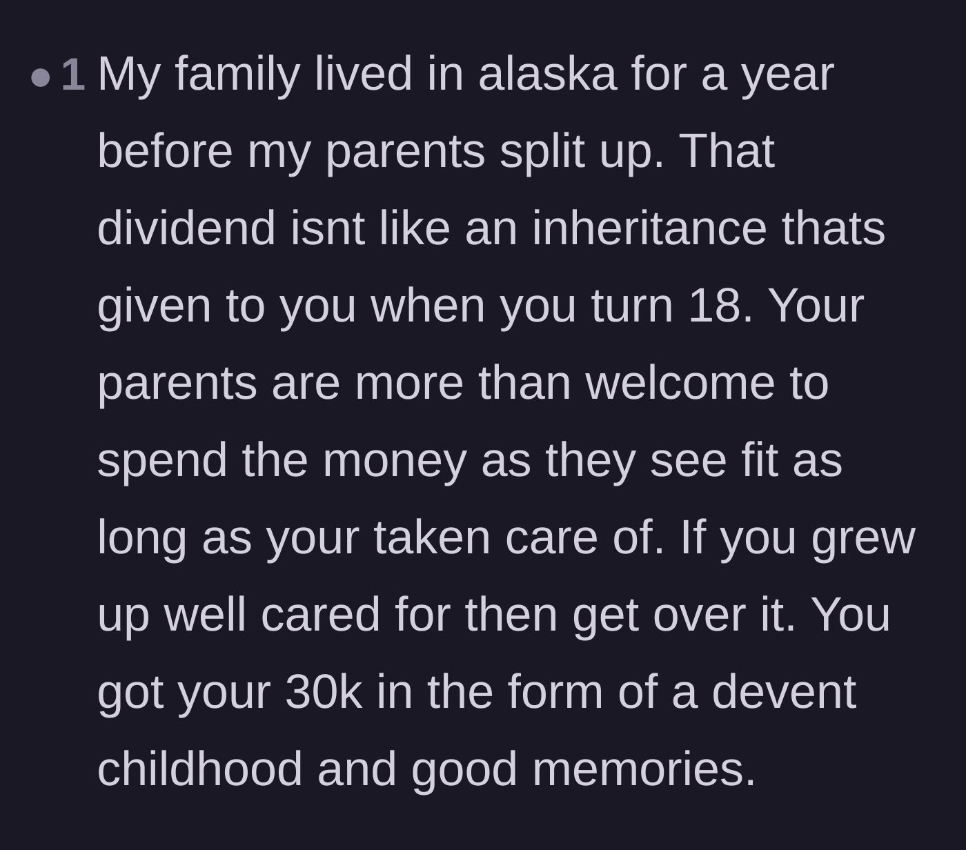 Comment thread 2 - A commenter arguing that a decent childhood is worth the missing $30,000.