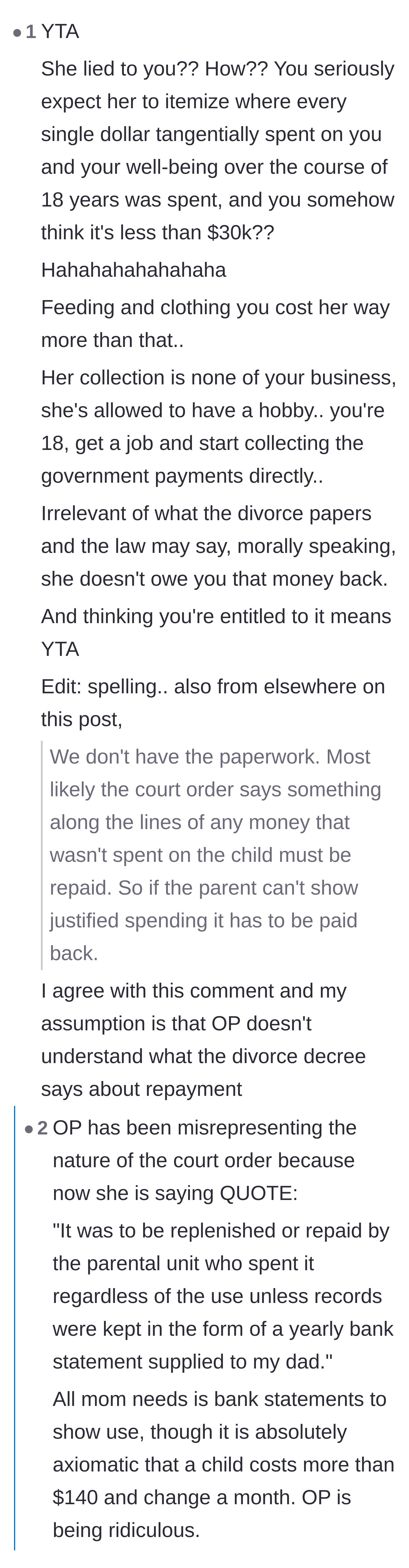 Comment thread 3 - Readers attacking the daughter for expecting her mother to itemize 18 years of expenses.