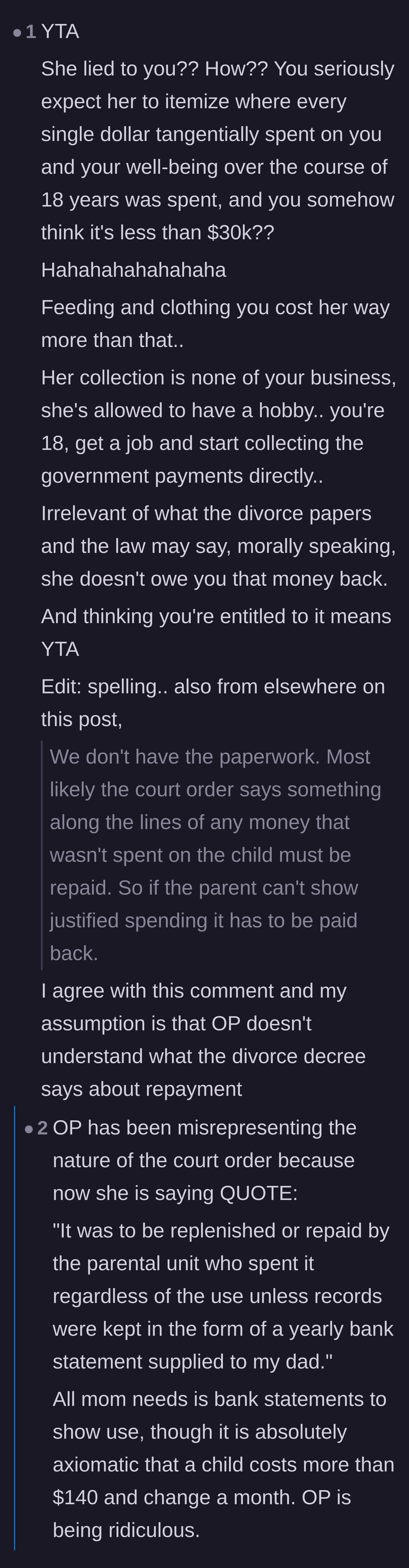Comment thread 3 - Readers attacking the daughter for expecting her mother to itemize 18 years of expenses.