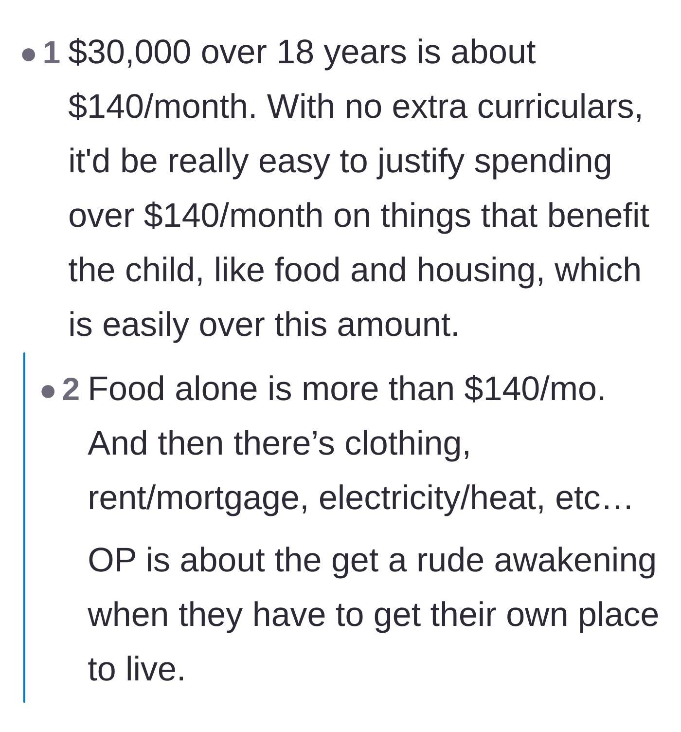 Comment thread 5 - Commenters breaking down the $30,000 to $140 a month and arguing it was easily spent on food and housing.