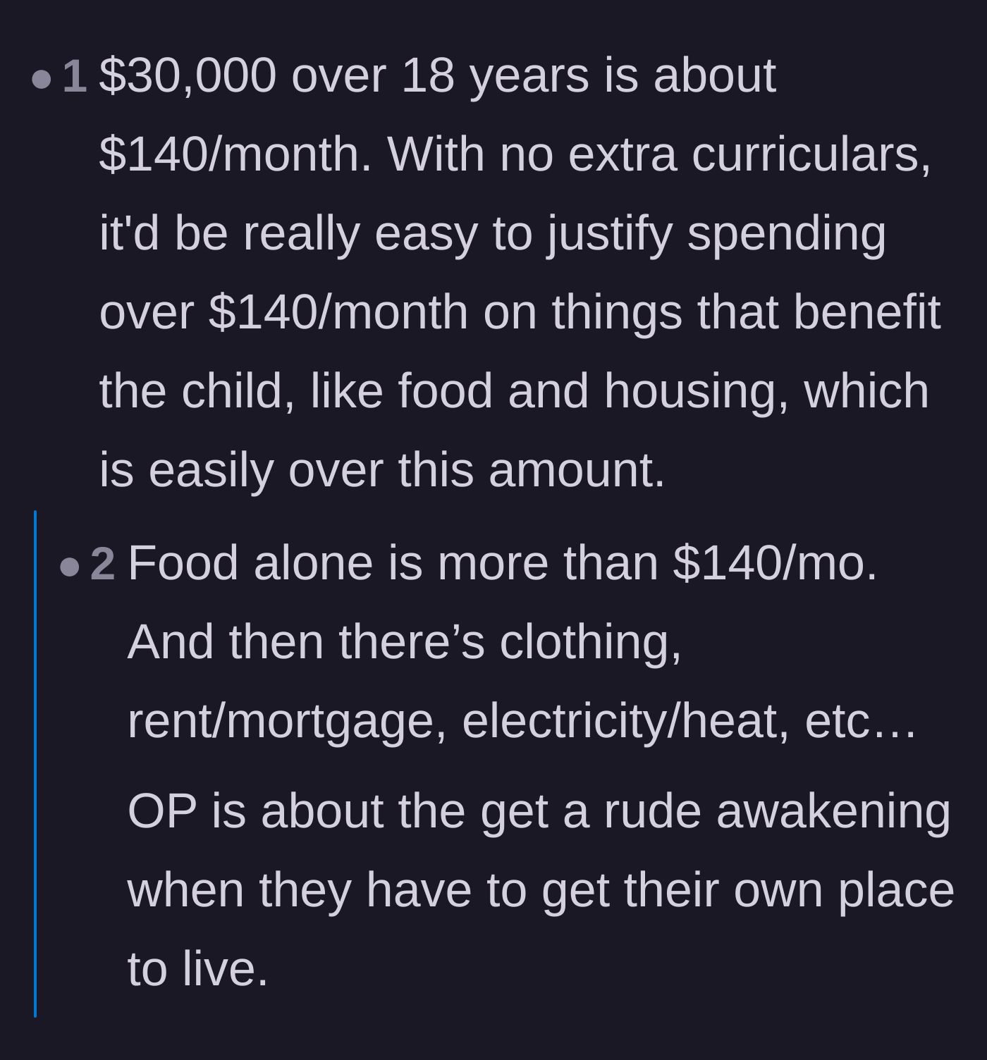 Comment thread 5 - Commenters breaking down the $30,000 to $140 a month and arguing it was easily spent on food and housing.