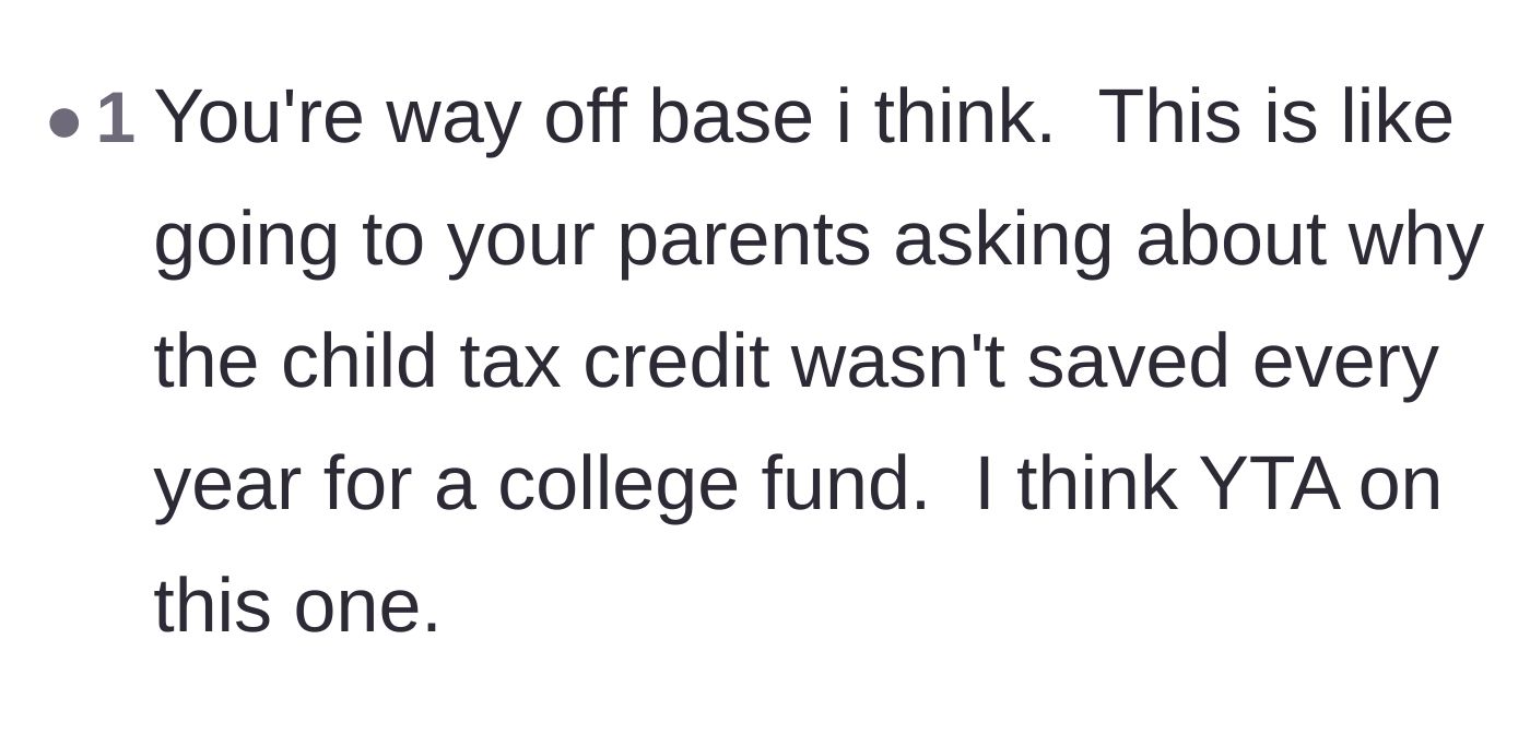 Comment thread 6 - Another comparison stating this is like asking a parent for child tax credit money.