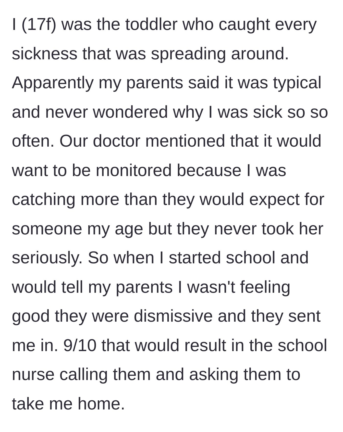 Story part 1 - Toddler constantly catching illnesses, ignored by parents despite doctor warnings and school nurse calls.