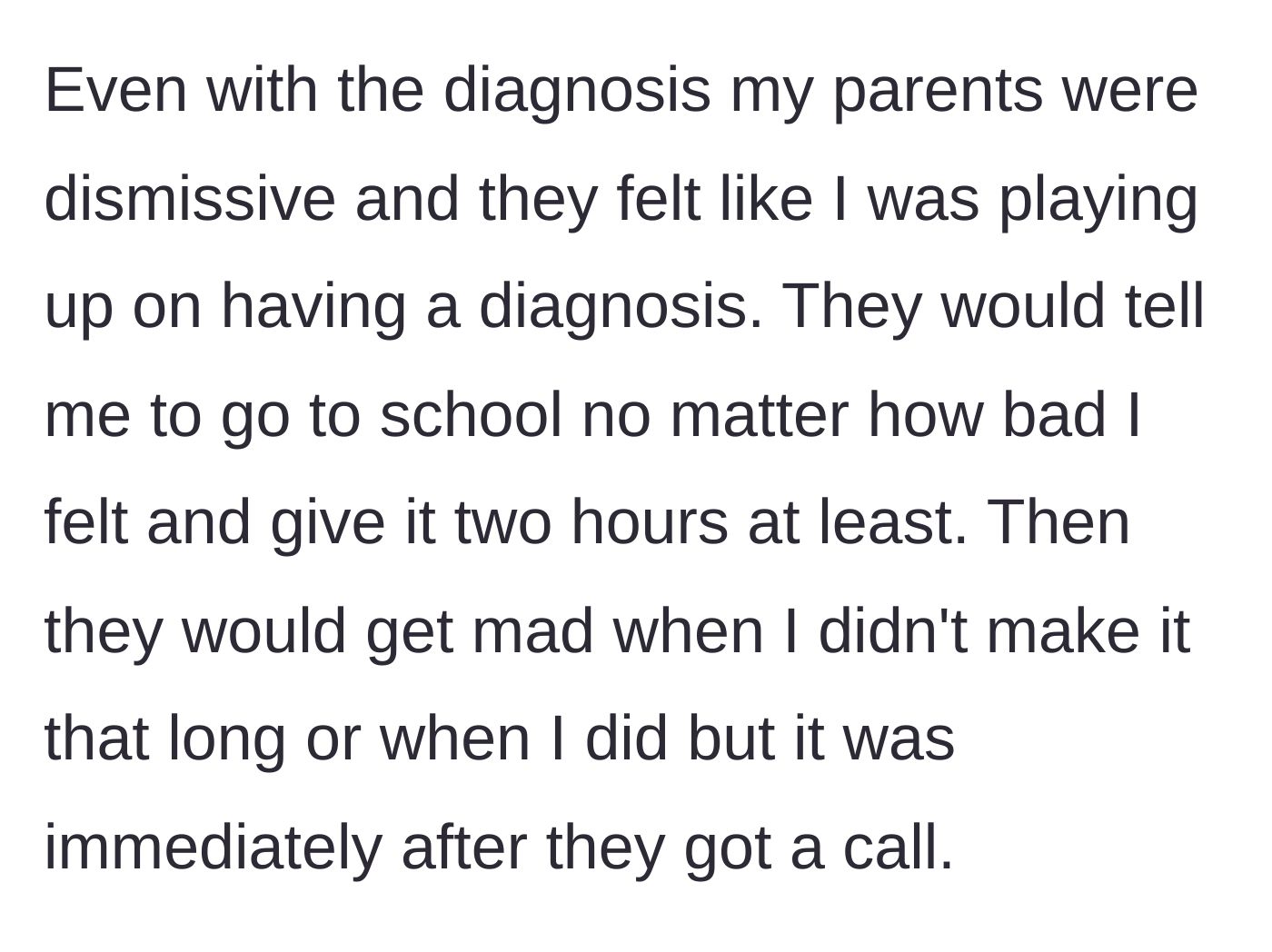Story part 4 - Parents remaining dismissive post-diagnosis, forcing the chronically ill child to attend school.
