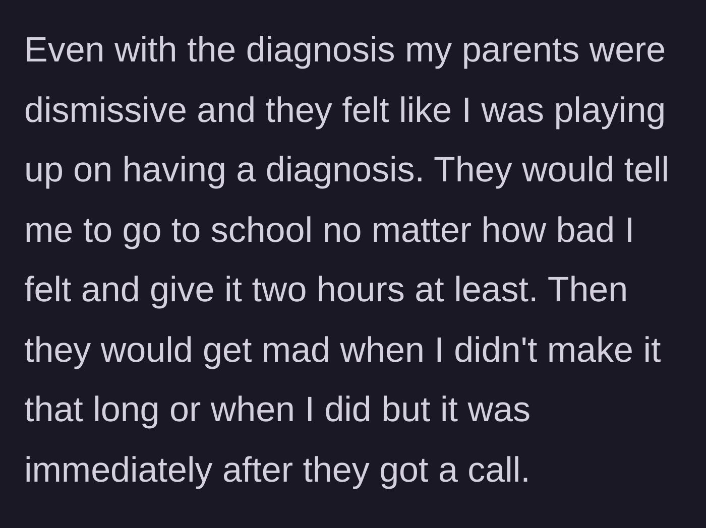 Story part 4 - Parents remaining dismissive post-diagnosis, forcing the chronically ill child to attend school.