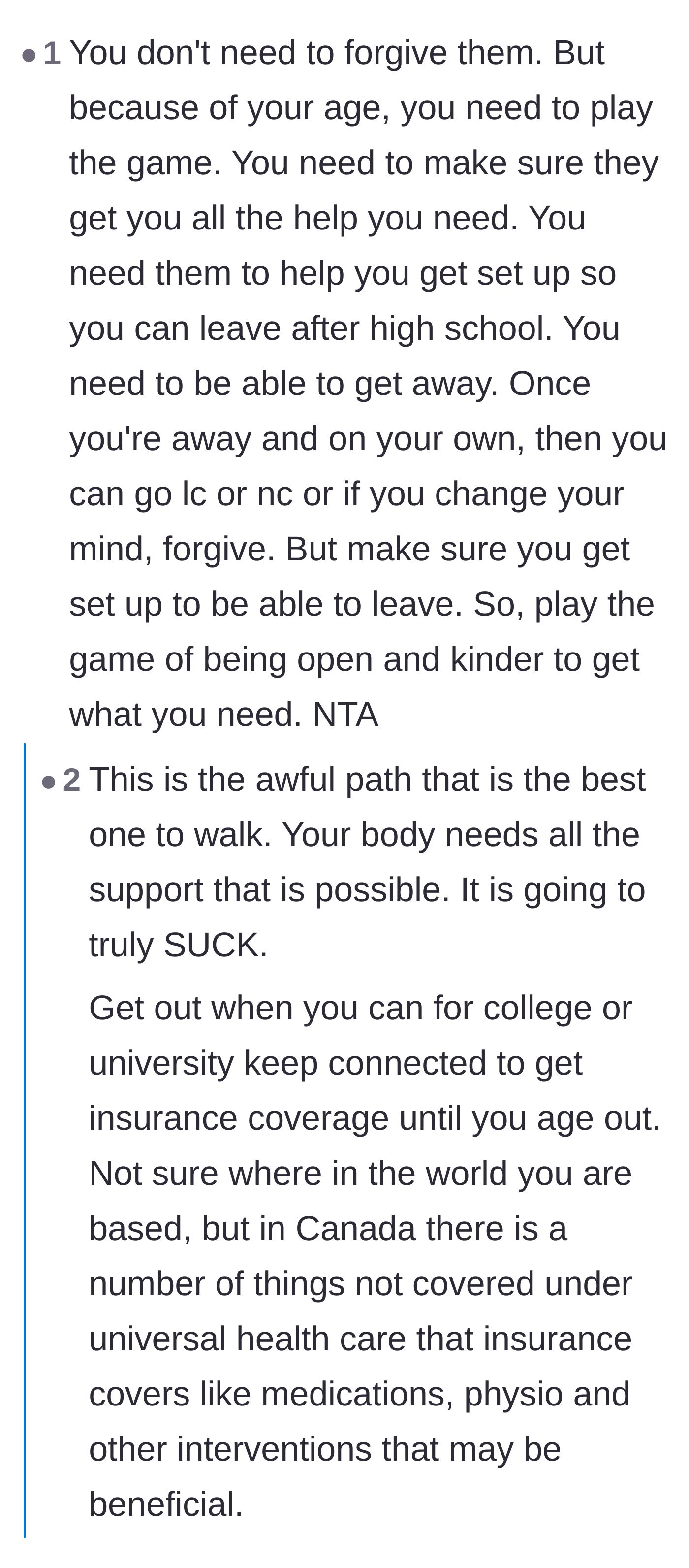 Comment thread 1 - Readers advising the daughter to play along to secure medical support and insurance before leaving.