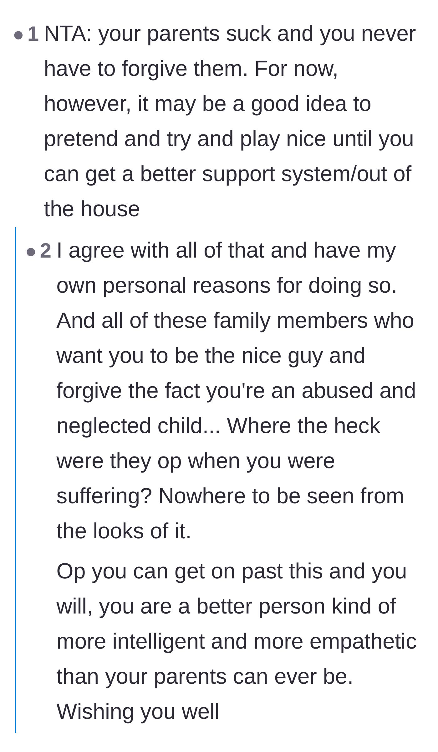 Comment thread 2 - Commenters calling out the extended family for enabling the abuse and suddenly wanting peace.