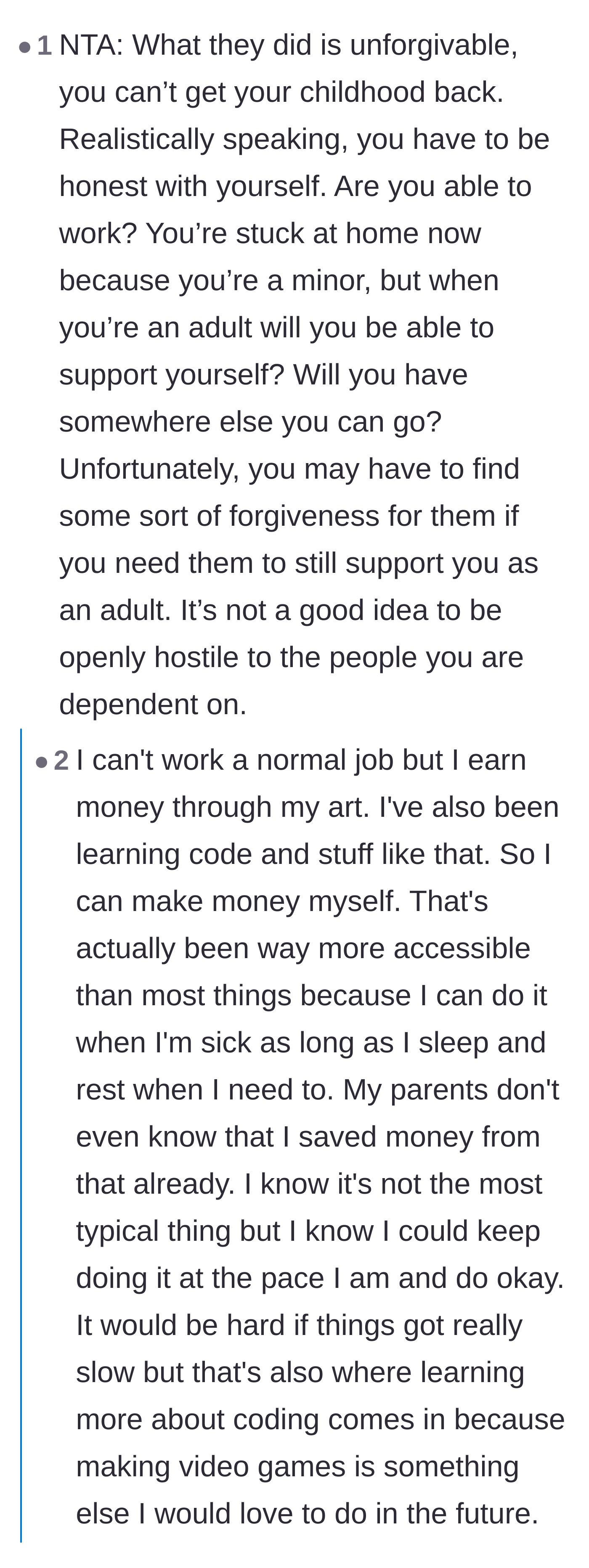 Comment thread 4 - The author revealing her secret plans to fund her independence through freelance art and coding.