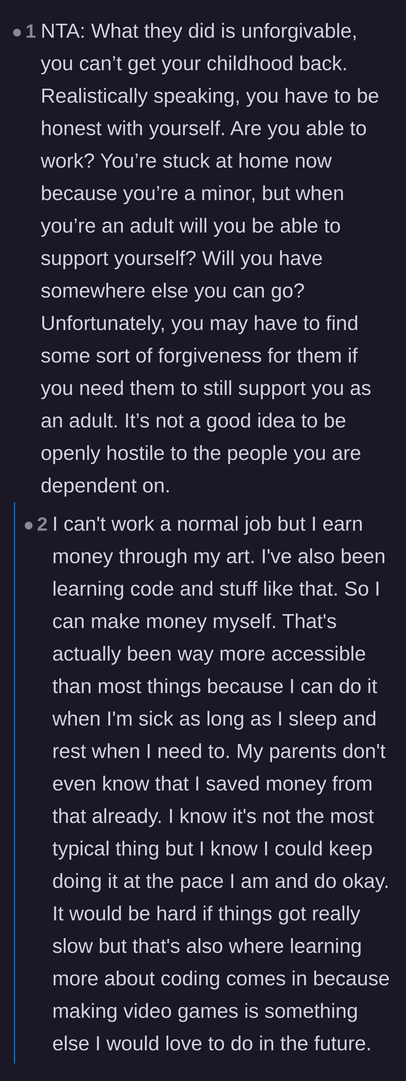Comment thread 4 - The author revealing her secret plans to fund her independence through freelance art and coding.