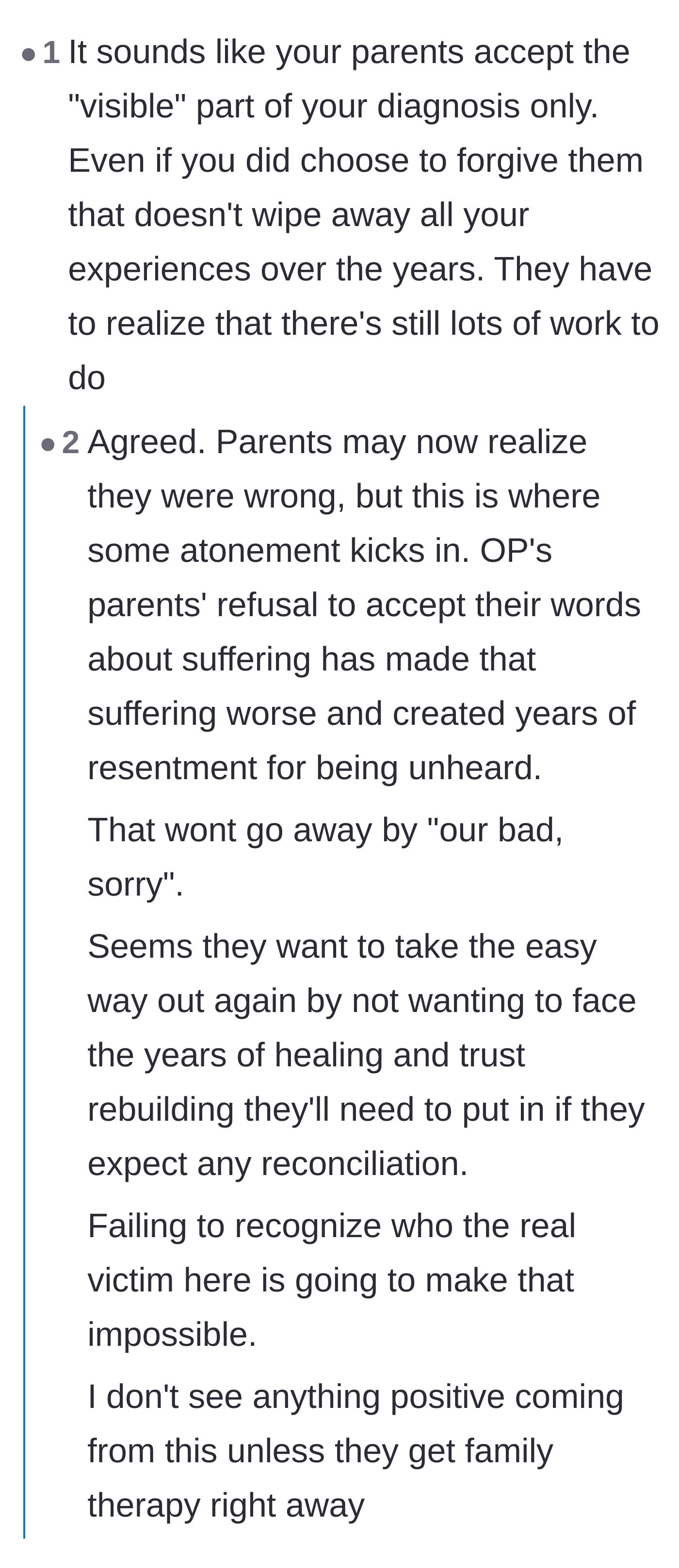 Comment thread 5 - A discussion about how the parents only validate visible symptoms and want a cheap, unearned reconciliation.