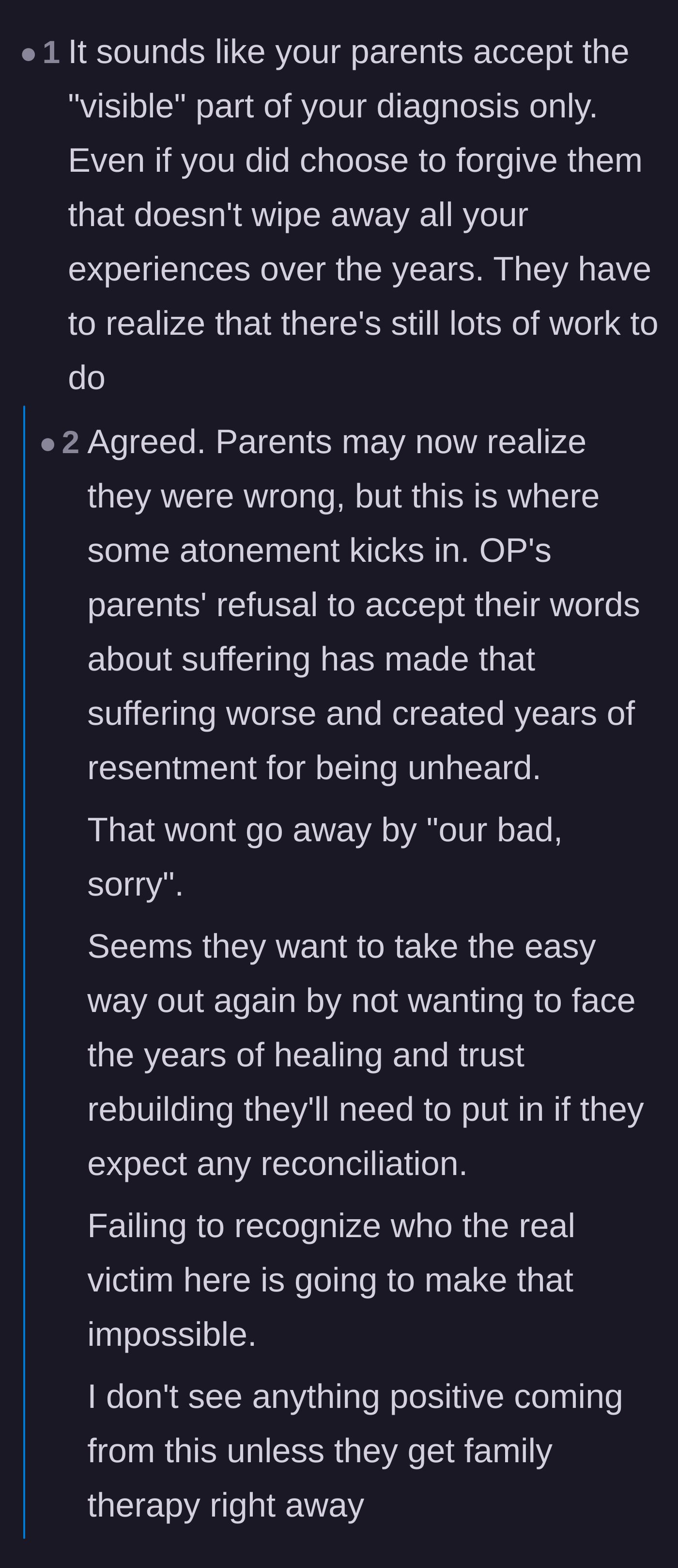Comment thread 5 - A discussion about how the parents only validate visible symptoms and want a cheap, unearned reconciliation.