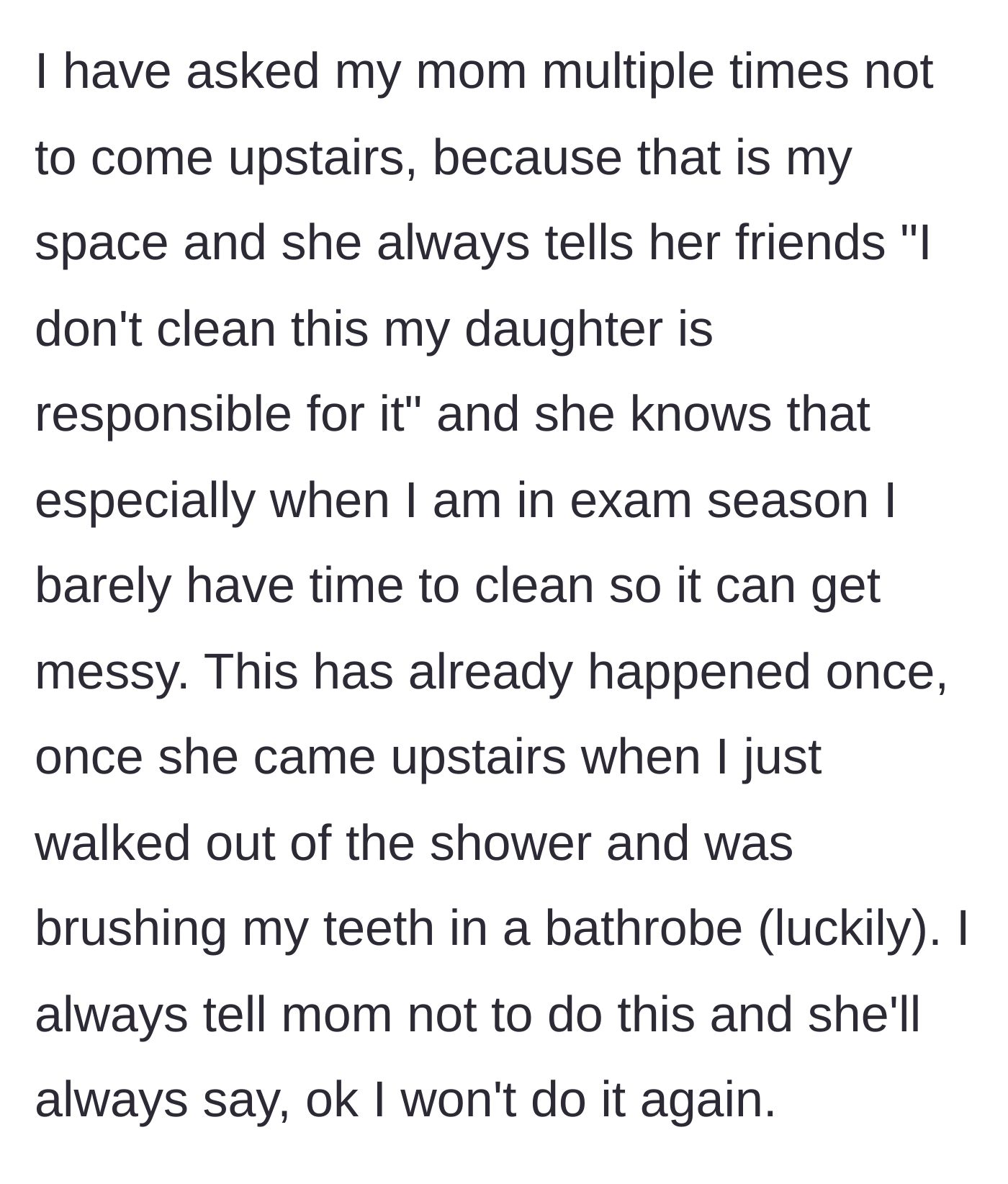 Story part 2 - A young woman in a bathrobe brushing her teeth as her mom and friends suddenly walk in.