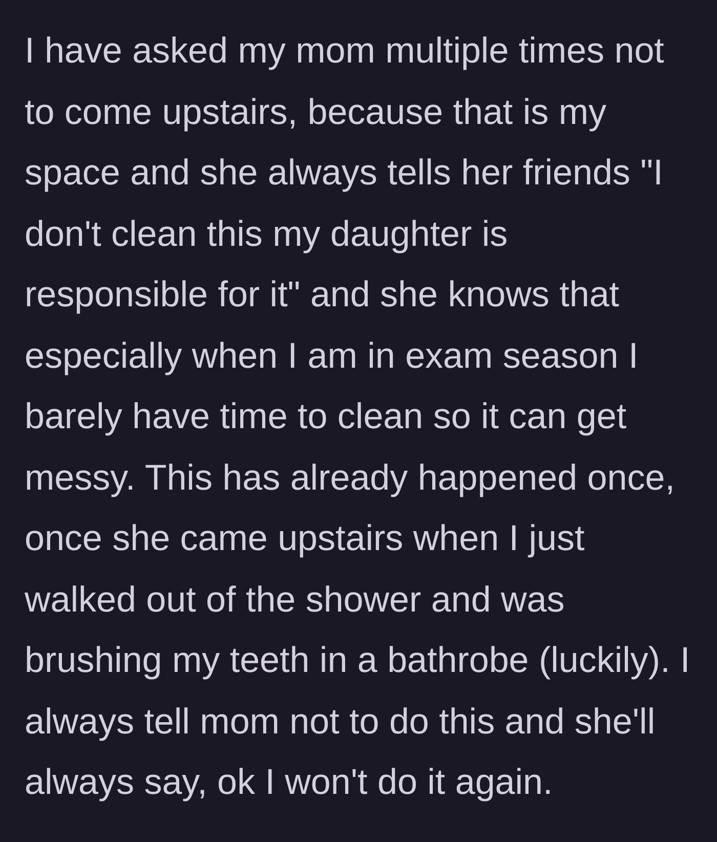 Story part 2 - A young woman in a bathrobe brushing her teeth as her mom and friends suddenly walk in.