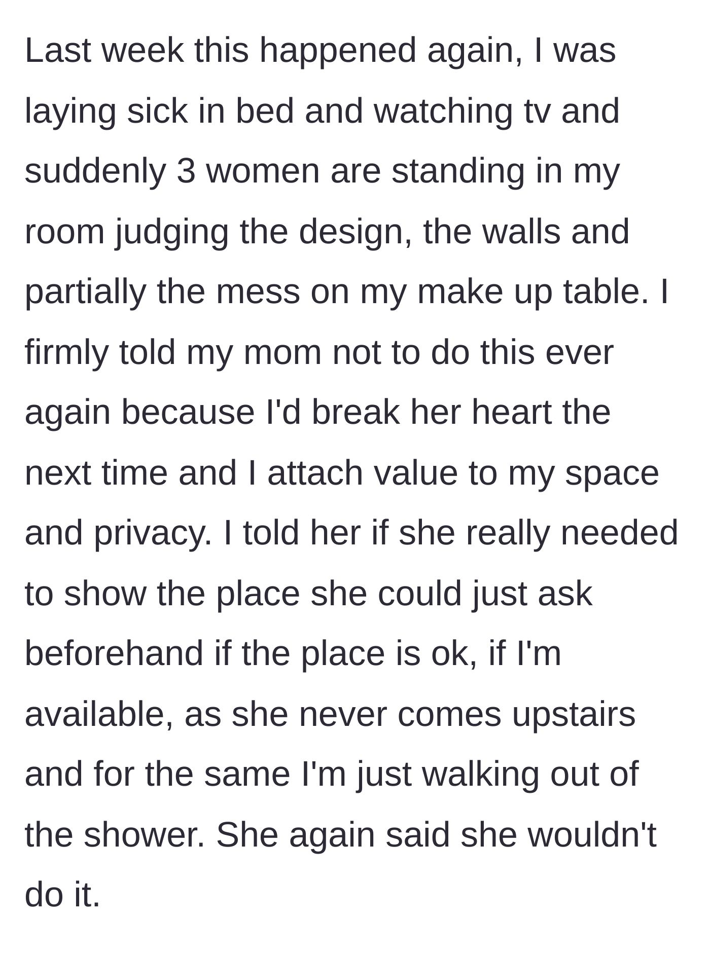 Story part 3 - A sick young woman in bed looking annoyed at three women loudly judging her messy makeup table.