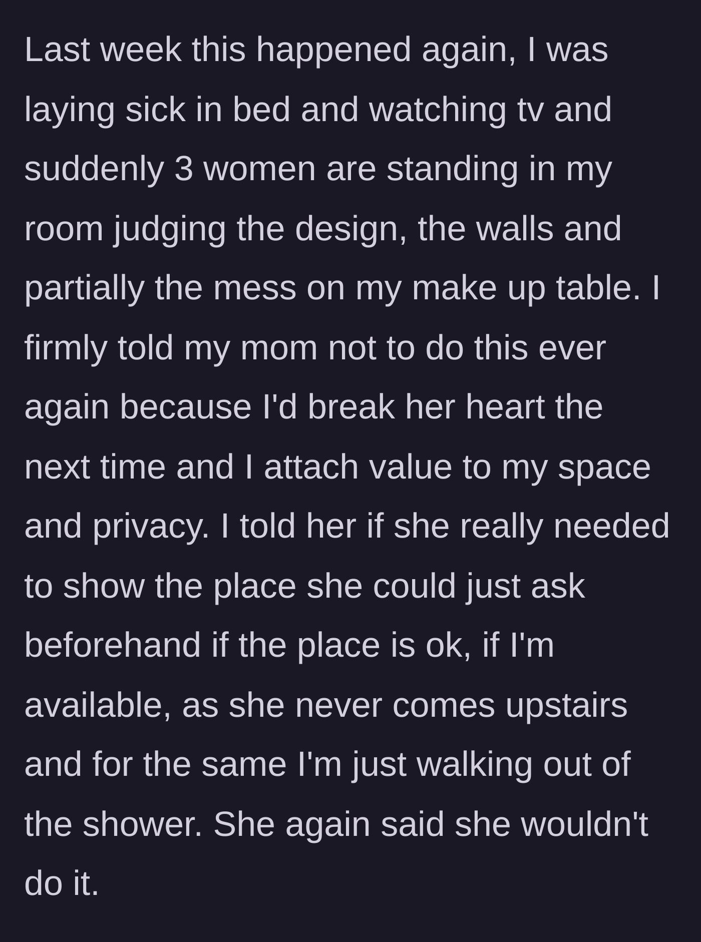 Story part 3 - A sick young woman in bed looking annoyed at three women loudly judging her messy makeup table.