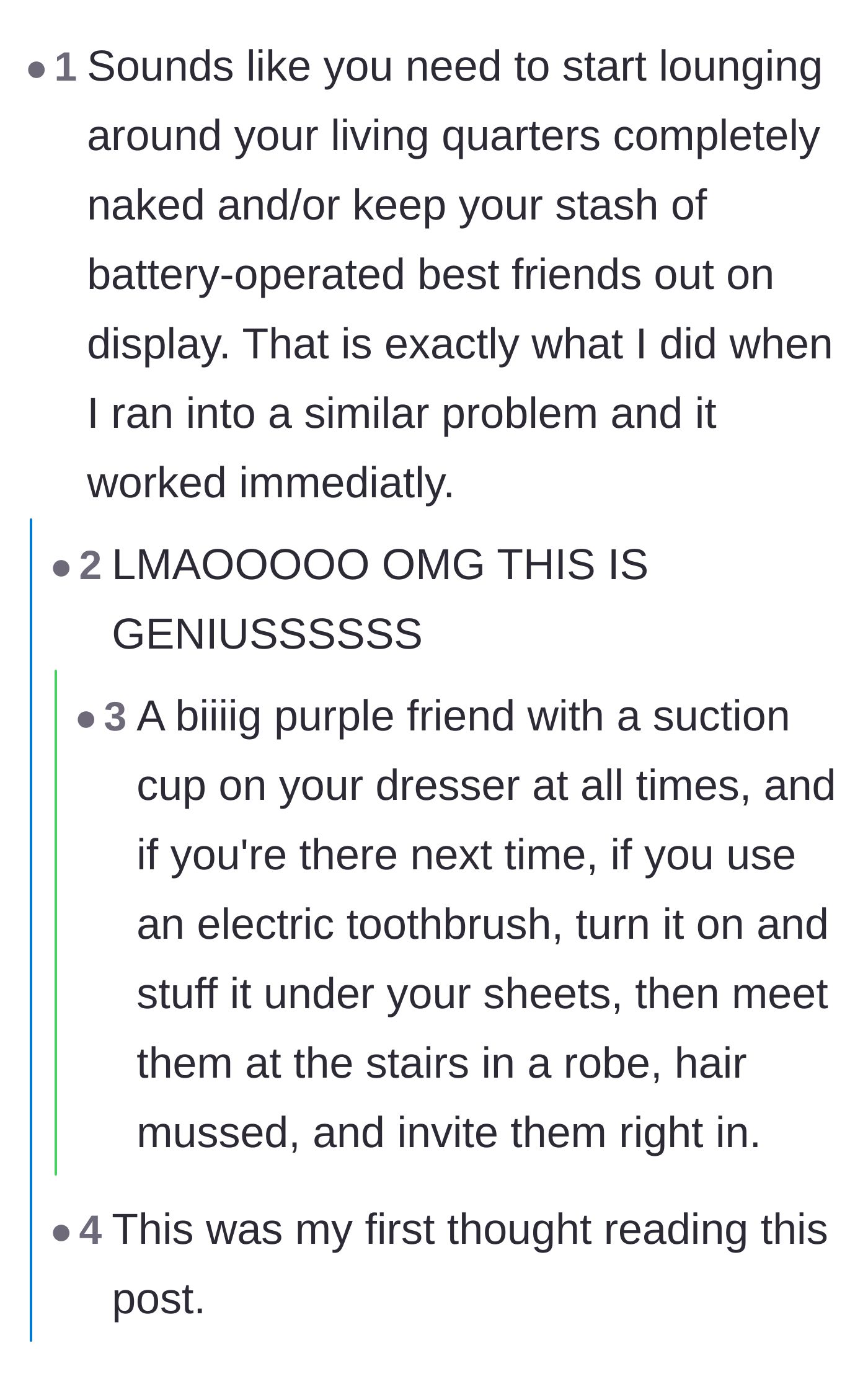 Comment thread 2 - Advice suggesting the daughter should leave out adult toys or walk around naked to embarrass the mom.