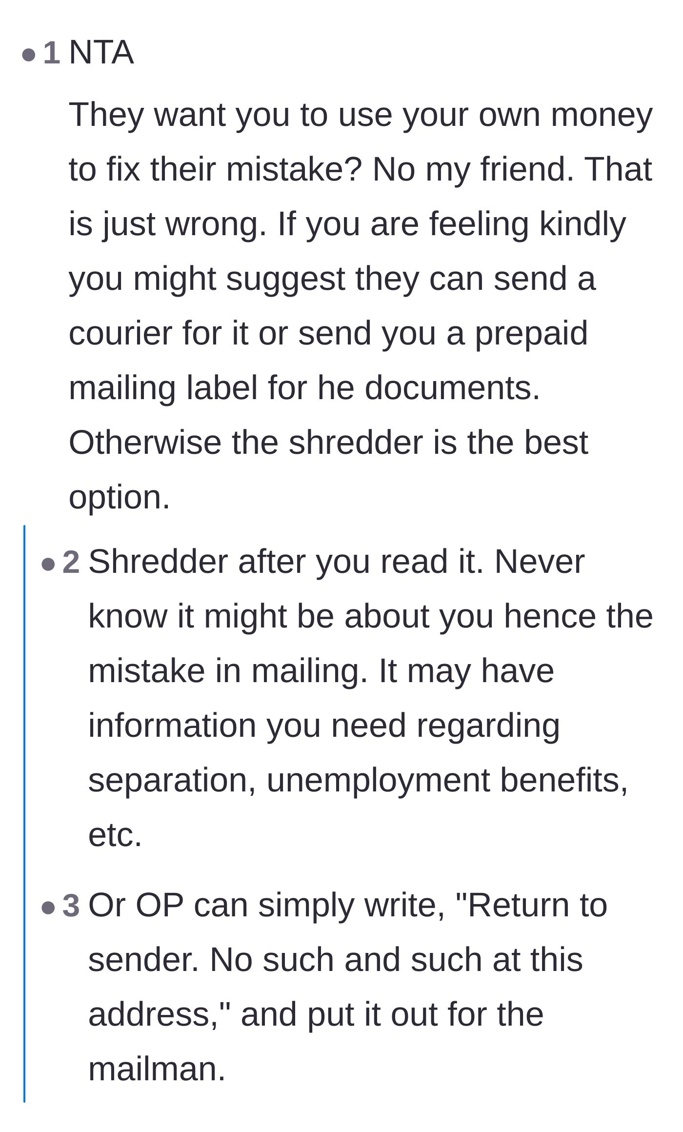 Comment thread 1 - Readers agree the author shouldn't pay to fix the company's mistake and suggest demanding a prepaid label or reading it first.
