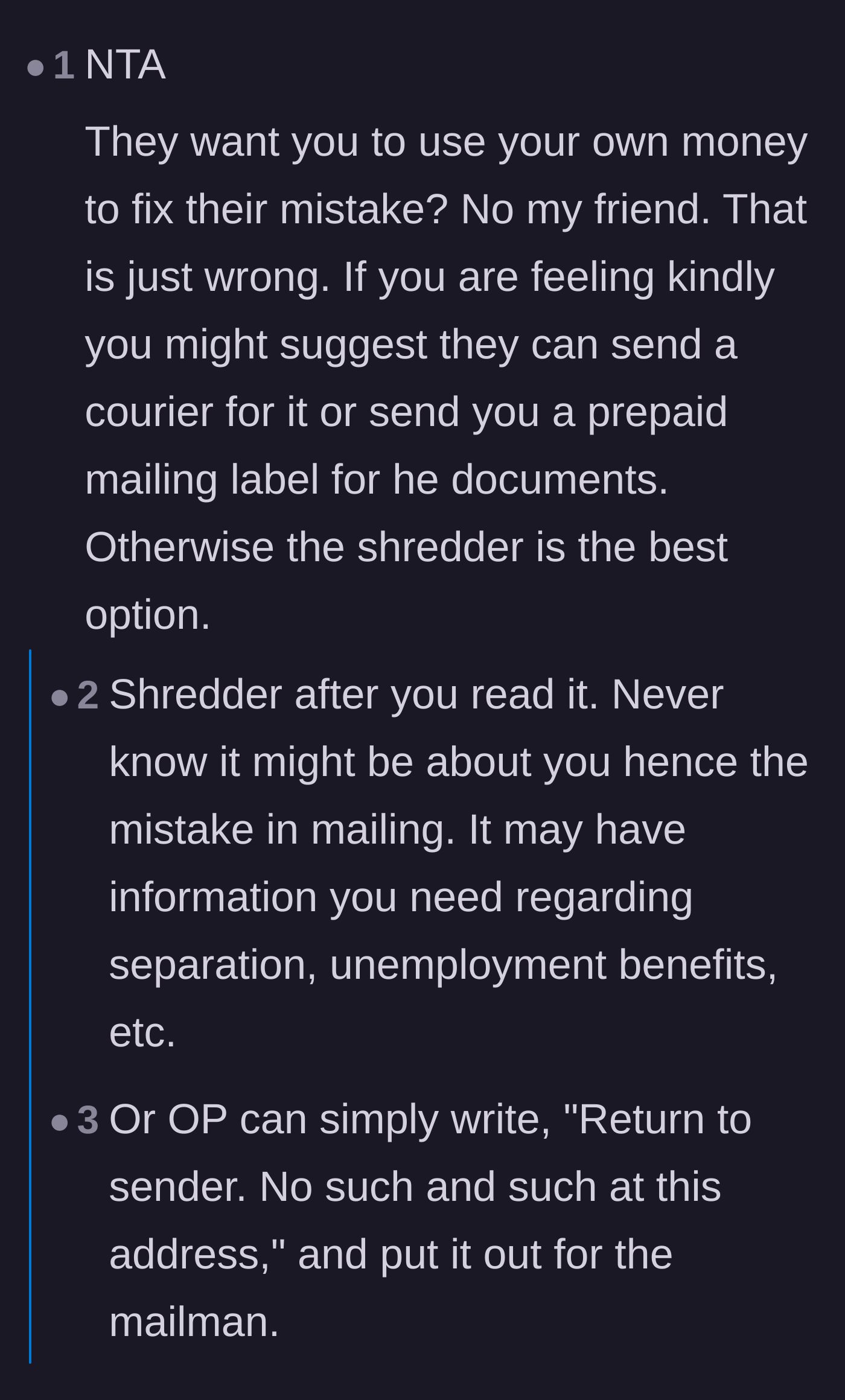 Comment thread 1 - Readers agree the author shouldn't pay to fix the company's mistake and suggest demanding a prepaid label or reading it first.