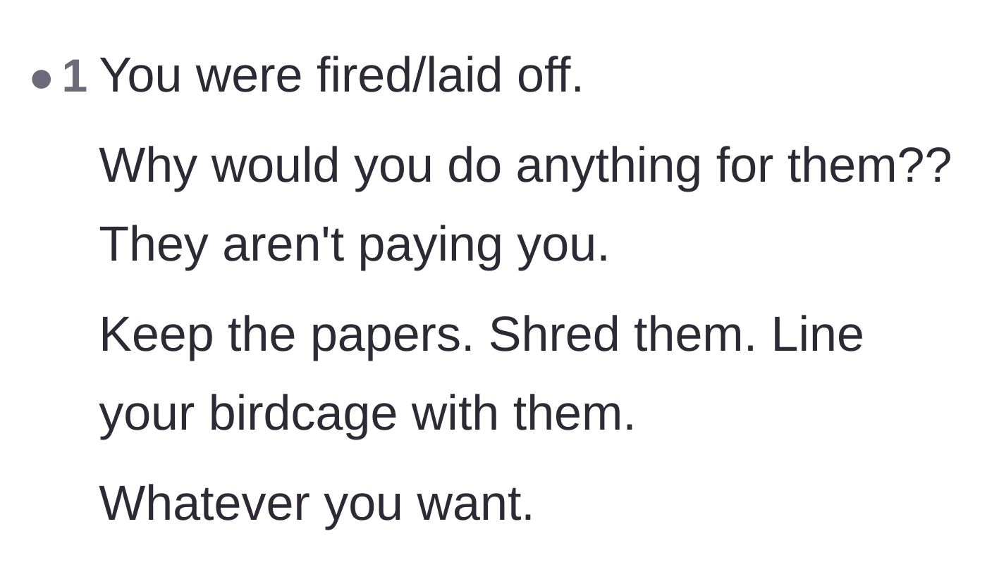 Comment thread 3 - A commenter listing creative and dismissive ways to dispose of the paperwork, like lining a birdcage.