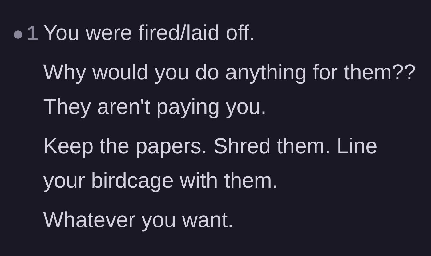 Comment thread 3 - A commenter listing creative and dismissive ways to dispose of the paperwork, like lining a birdcage.