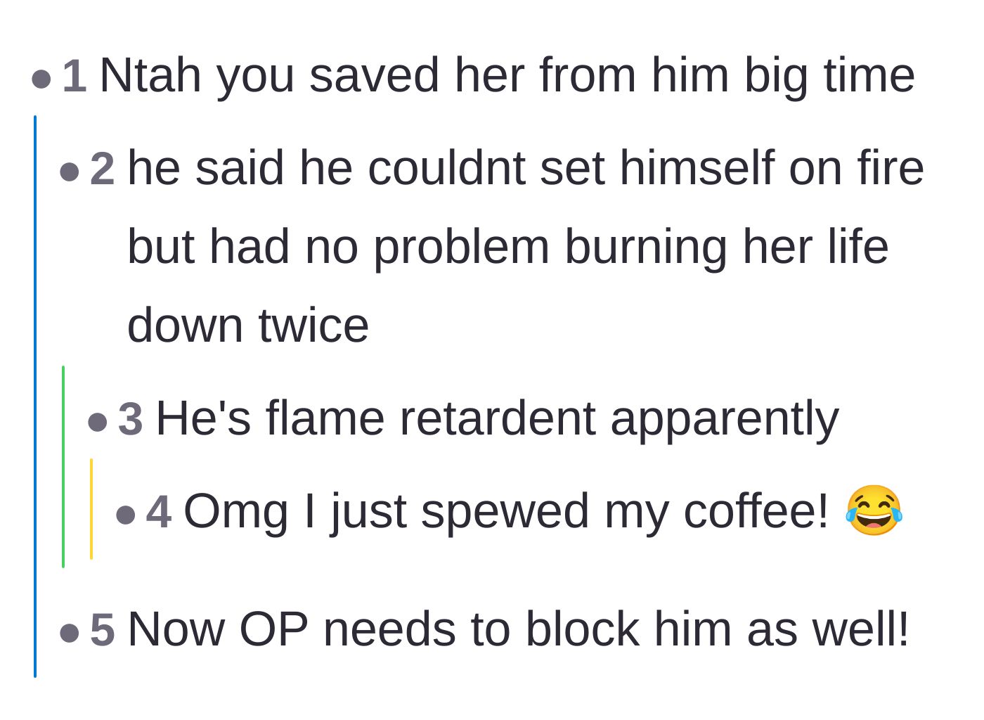 Comment thread 1 - Readers pointing out the ex's hypocritical use of the fire metaphor to destroy his partner's peace twice.