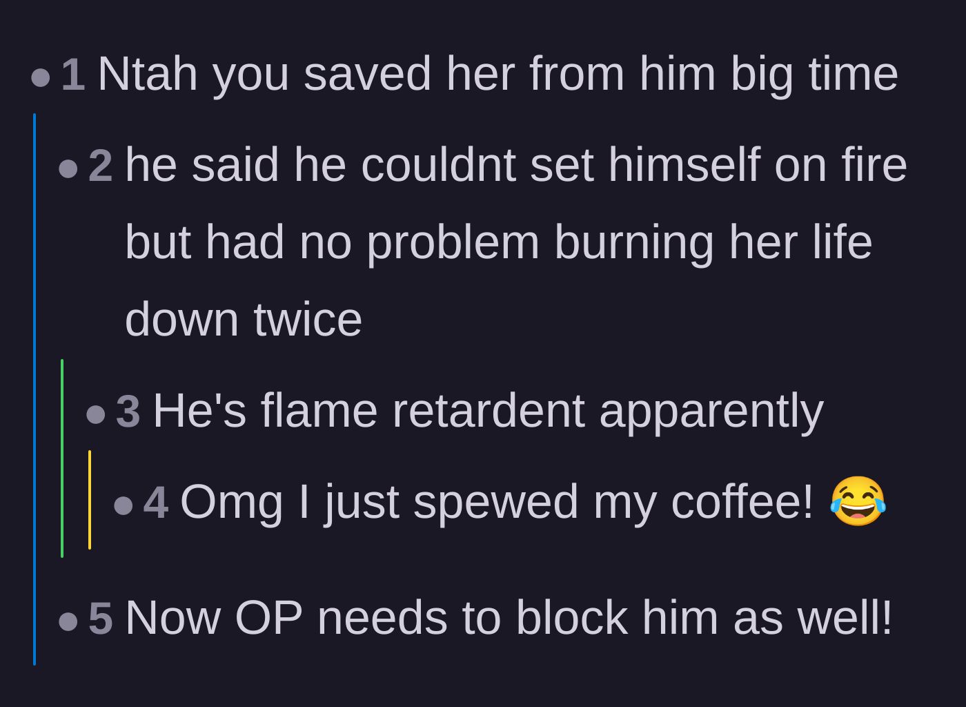 Comment thread 1 - Readers pointing out the ex's hypocritical use of the fire metaphor to destroy his partner's peace twice.