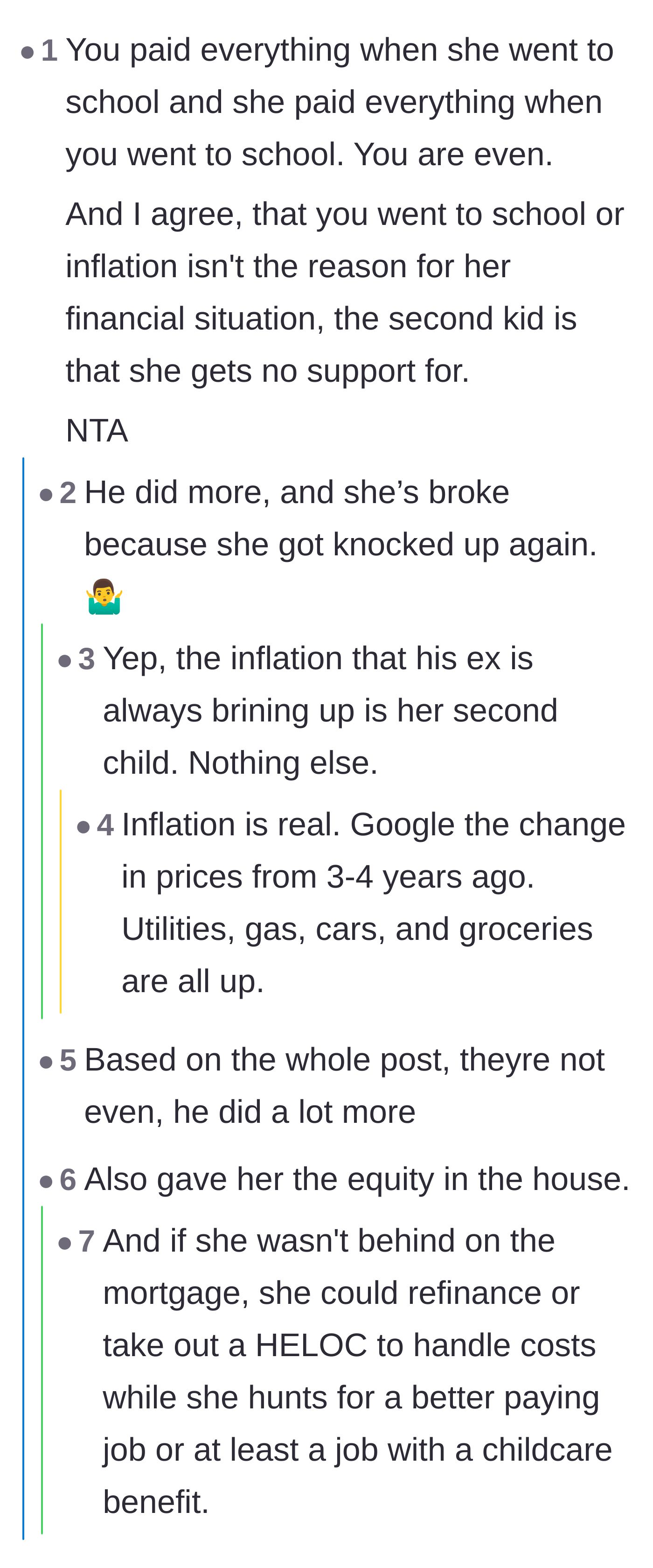 Comment thread 1 - Readers debunking the ex-wife's inflation excuse and pointing out her new baby as the real financial drain