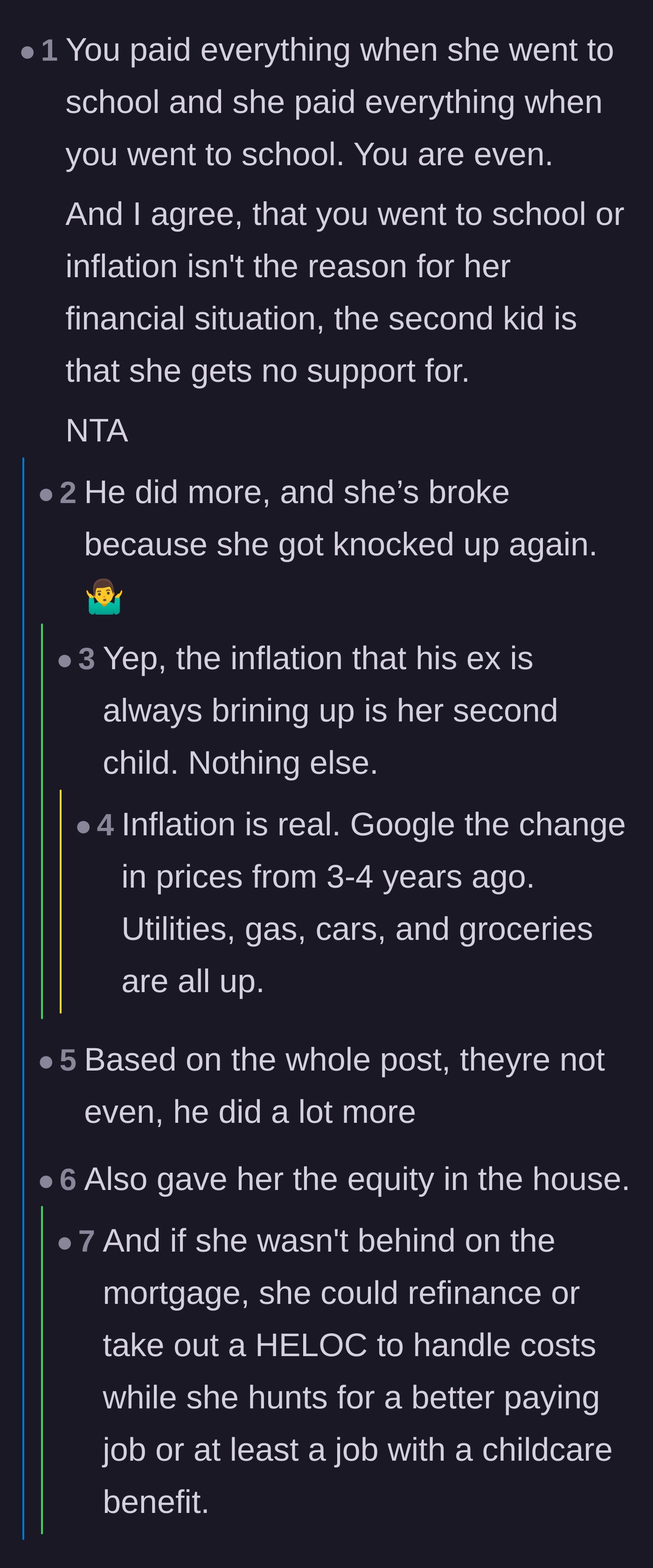 Comment thread 1 - Readers debunking the ex-wife's inflation excuse and pointing out her new baby as the real financial drain