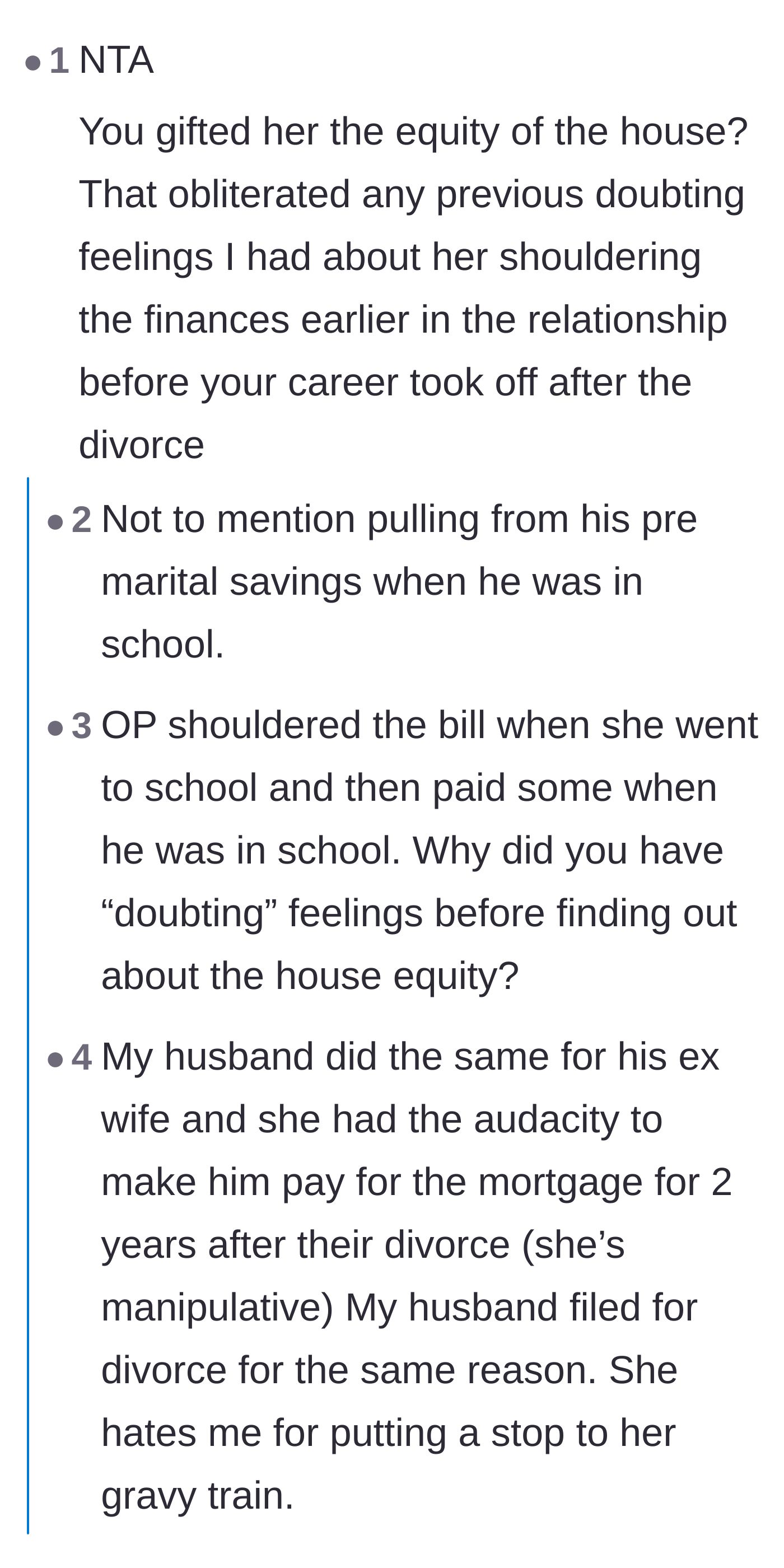 Comment thread 2 - Commenters praising the husband's massive generosity in gifting his house equity despite her infidelity