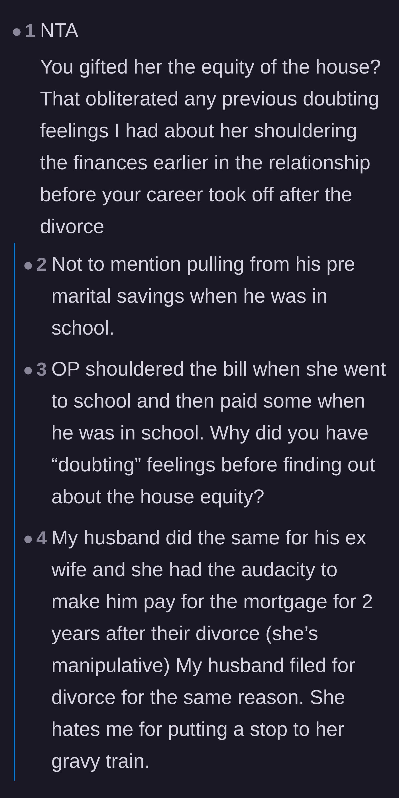 Comment thread 2 - Commenters praising the husband's massive generosity in gifting his house equity despite her infidelity