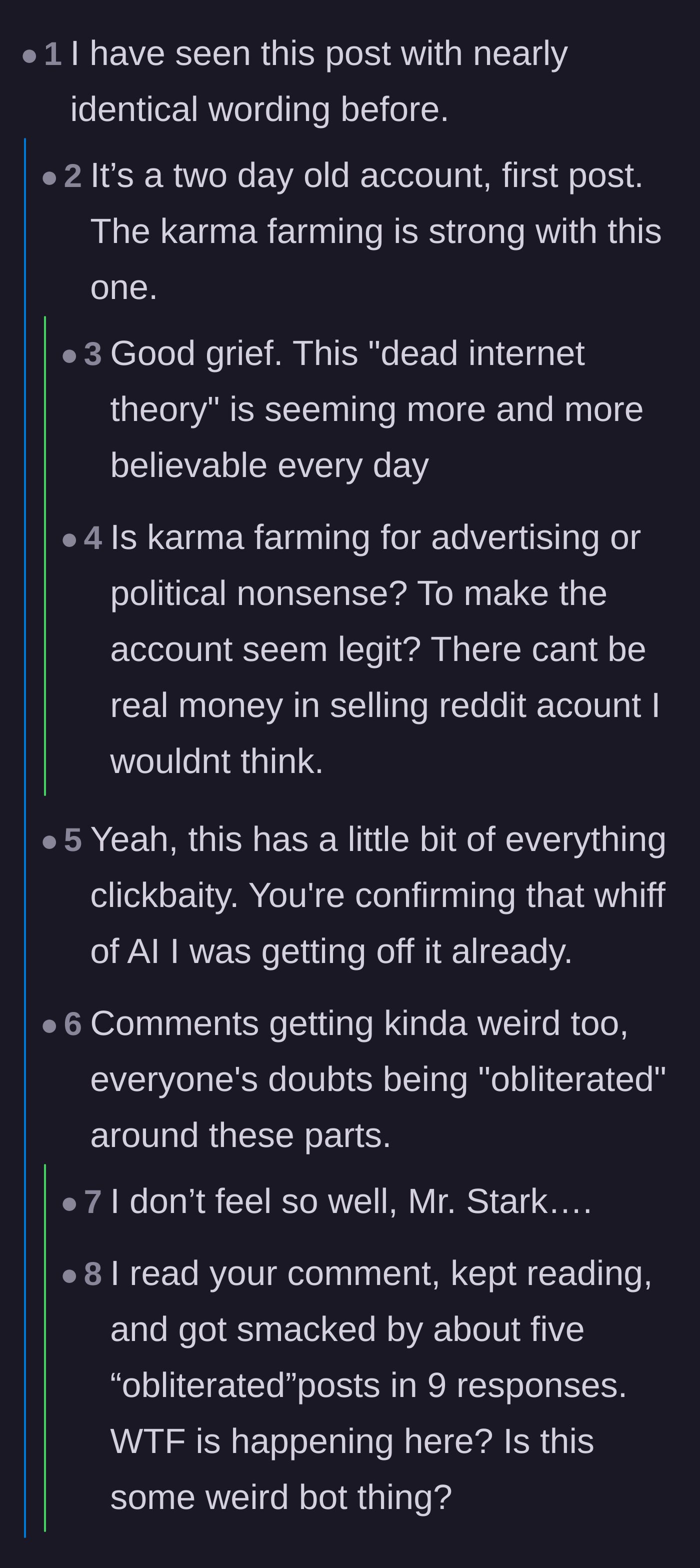 Comment thread 4 - Skeptical users debating whether the post is genuine or a piece of AI-generated karma farming