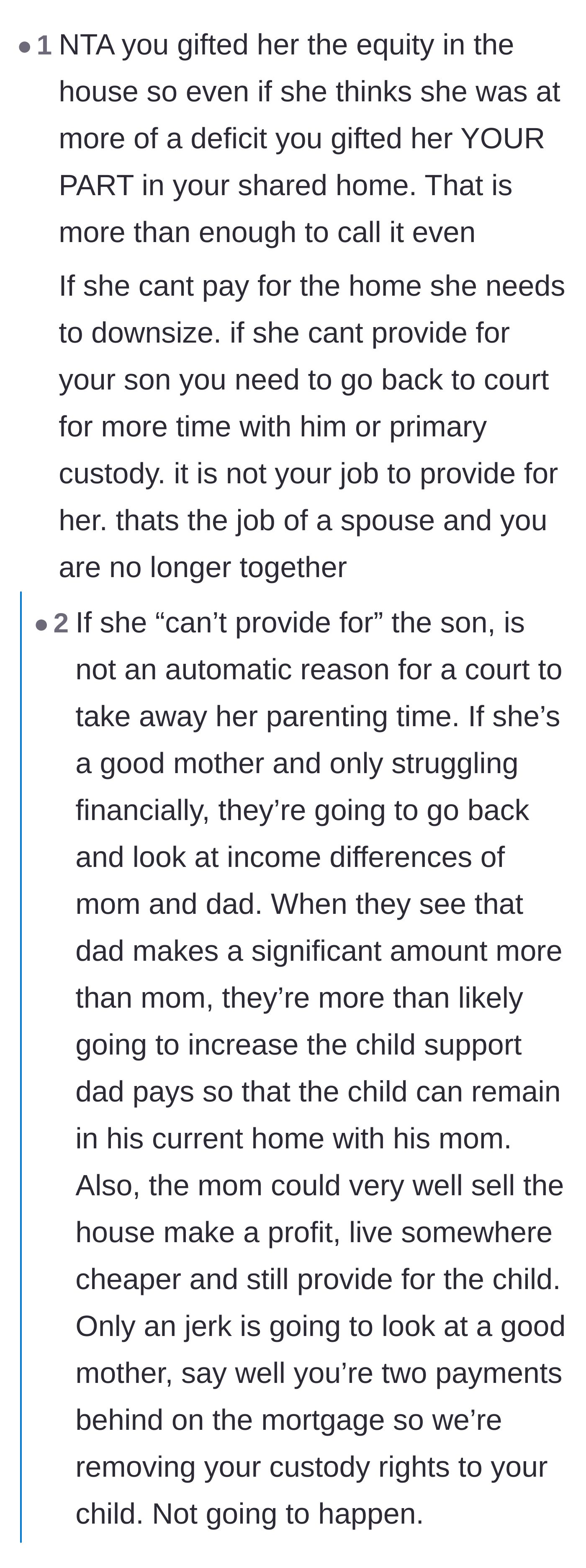 Comment thread 5 - A heated debate over whether the ex-wife's financial crisis warrants a custody adjustment or just higher child support payments