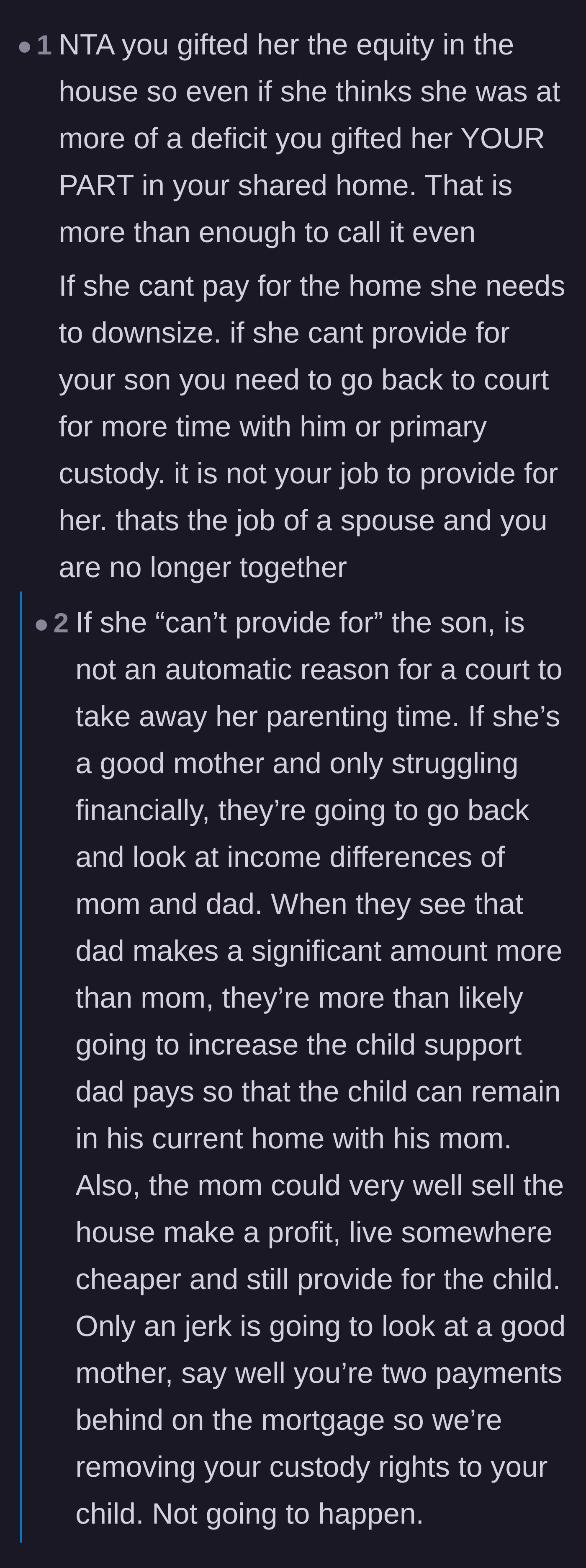 Comment thread 5 - A heated debate over whether the ex-wife's financial crisis warrants a custody adjustment or just higher child support payments
