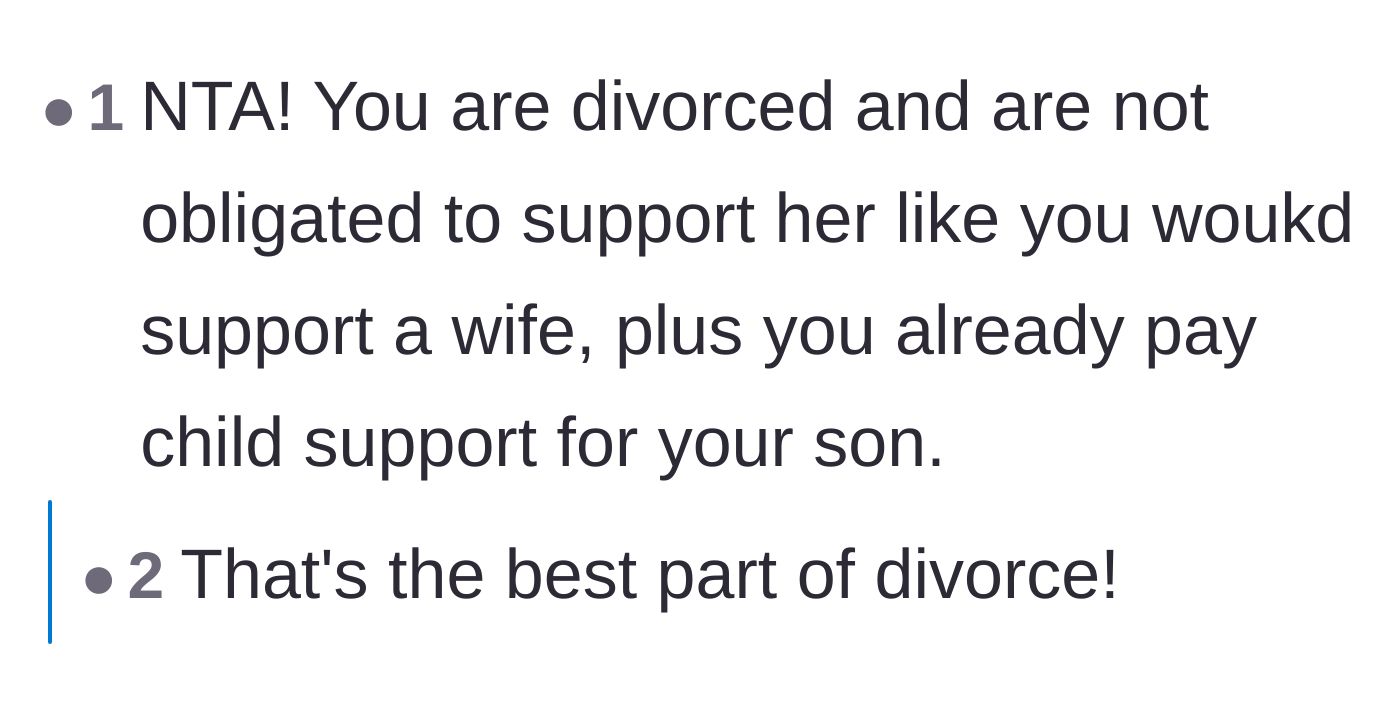 Comment thread 6 - A blunt celebration of the primary benefit of divorce being total financial liberation