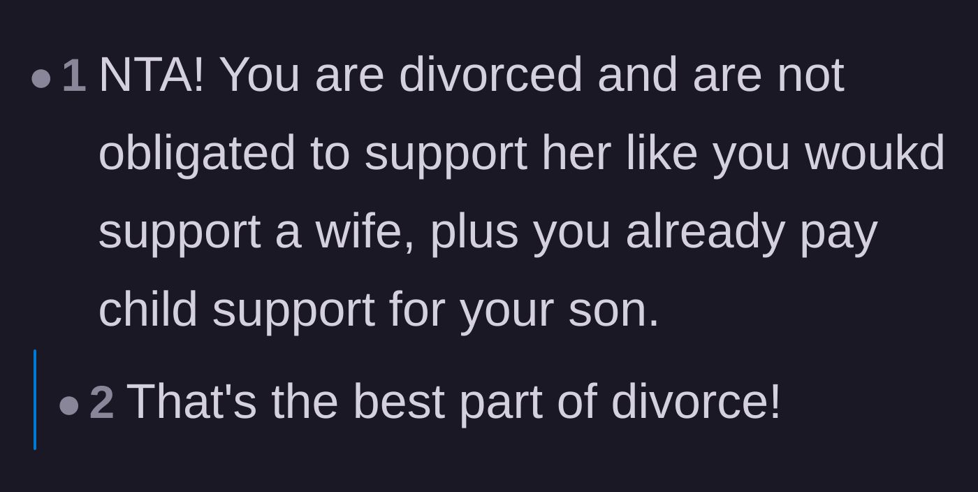 Comment thread 6 - A blunt celebration of the primary benefit of divorce being total financial liberation