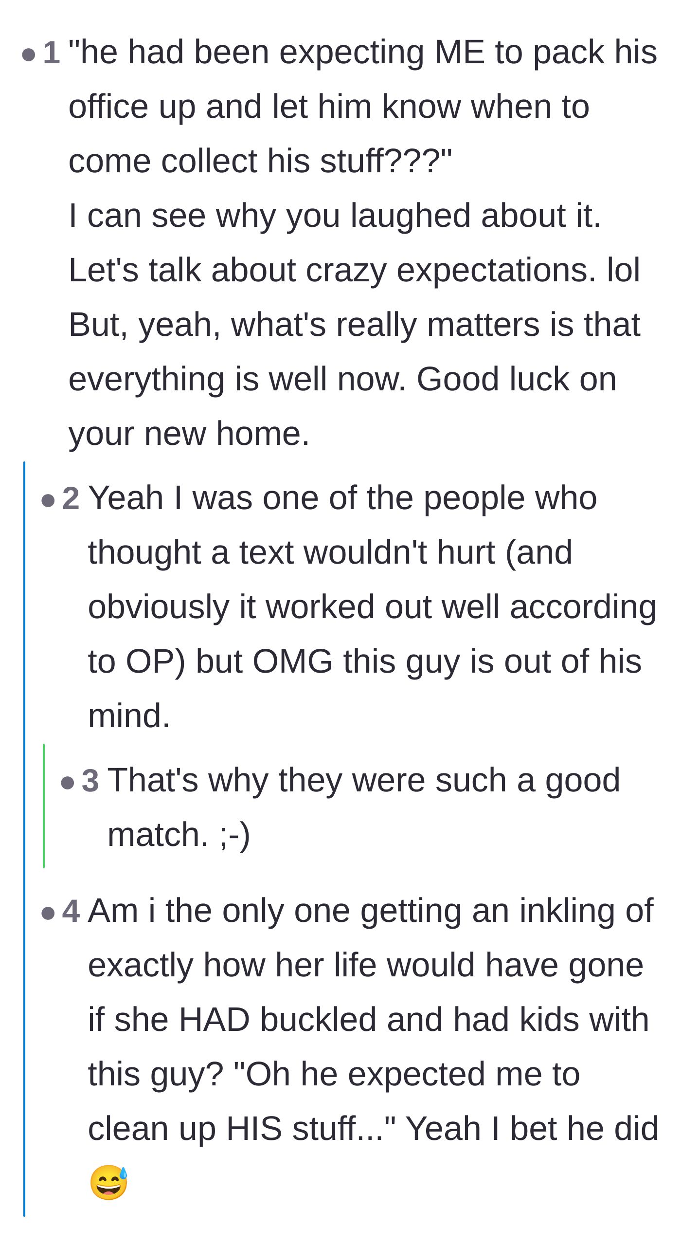 Comment thread 1 - Readers laughing at the ex's delusional expectations and imagining how bad having kids with him would have been.