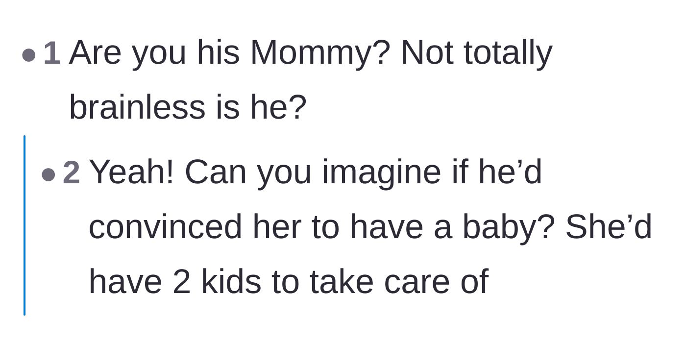 Comment thread 6 - Readers comparing the ex-boyfriend to a literal child who needs his mommy.