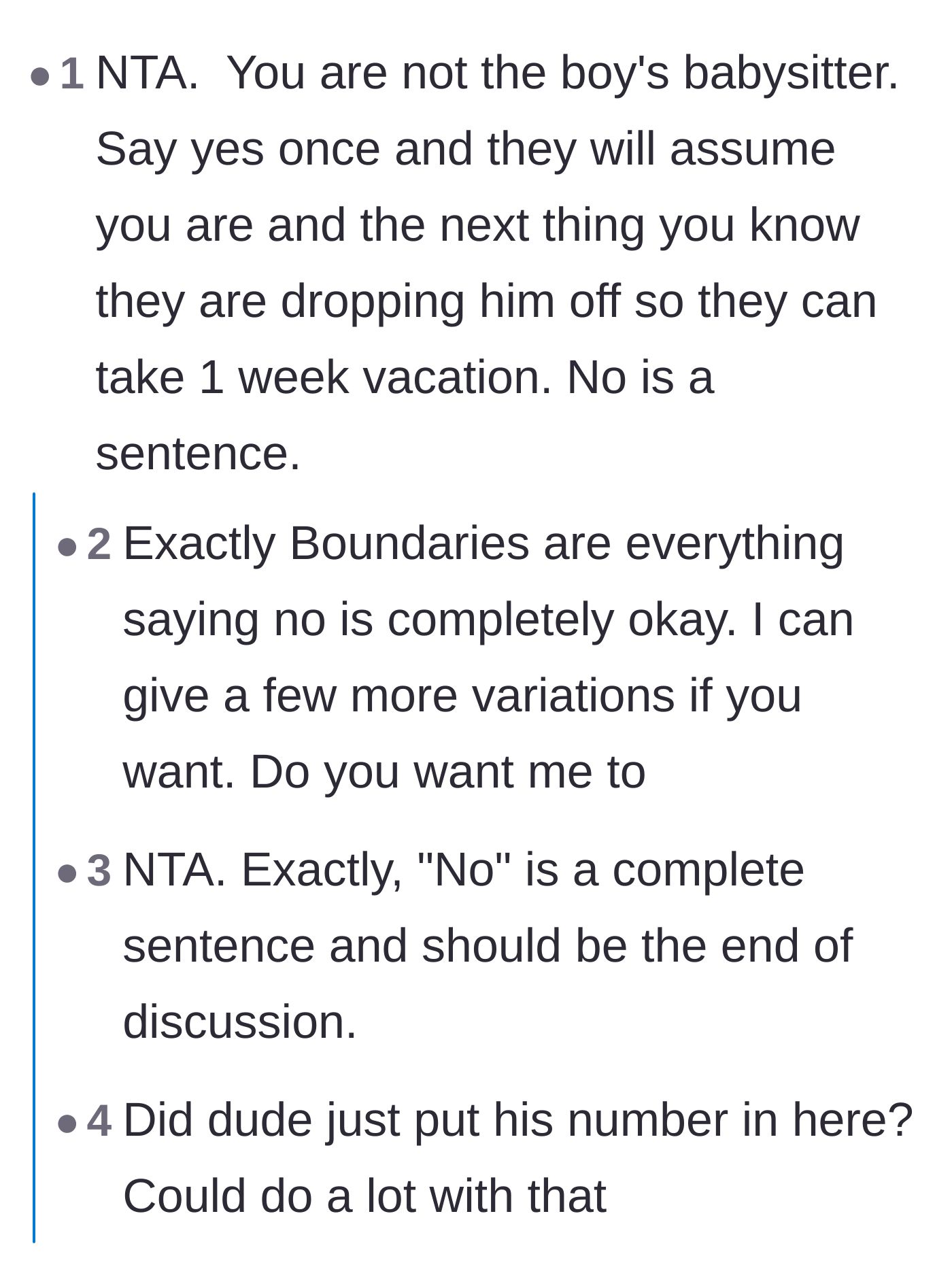 Comment thread 1 - Readers warning the author that saying yes to babysitting even once will lead to them taking advantage of her.